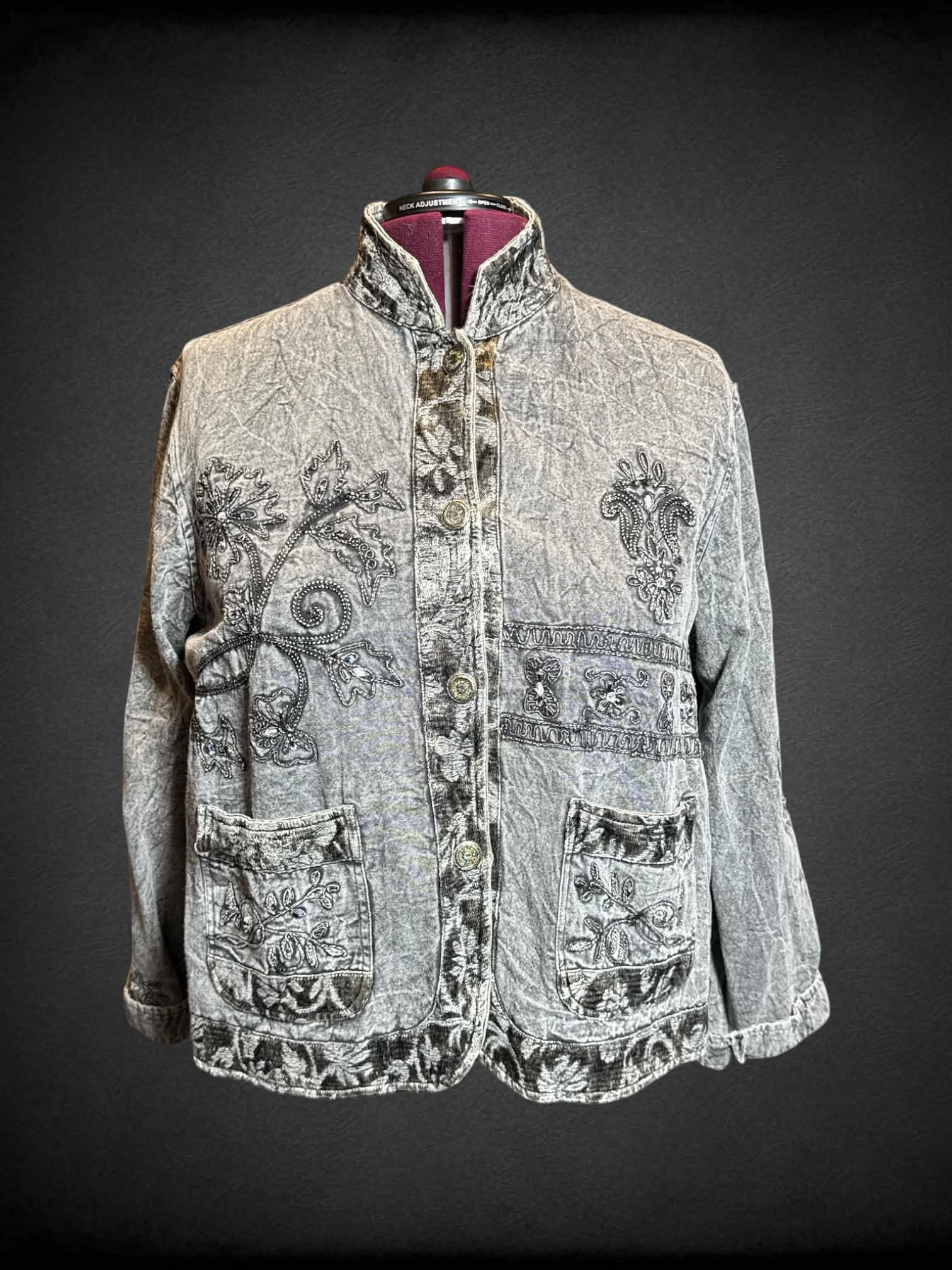 2X Flashback vintage grey washed denim button up jacket with iridescent bedazzling, pockets, and embroidery