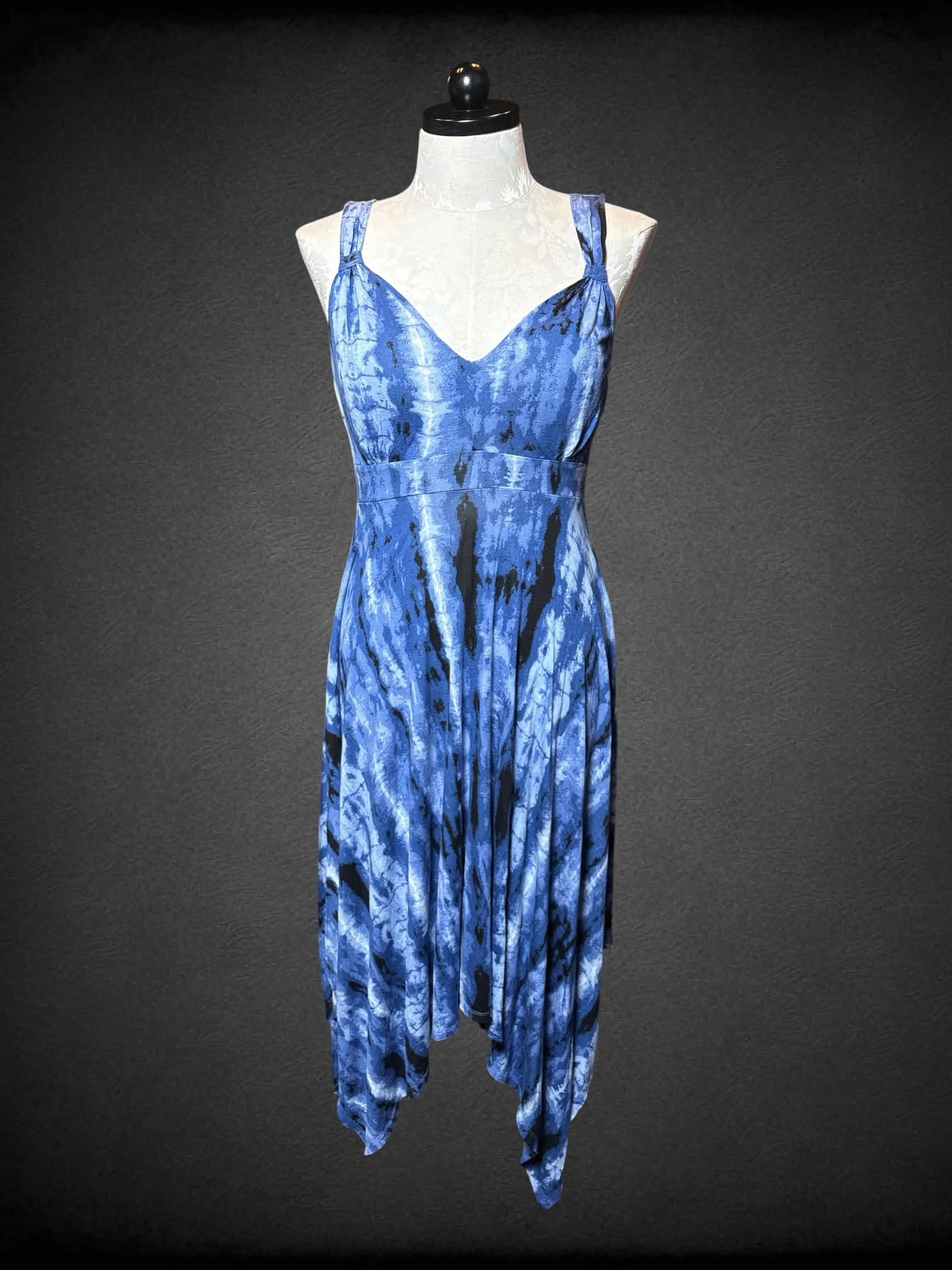0X American Rag blue tie-dye dress with padded bra & asymmetrical hem