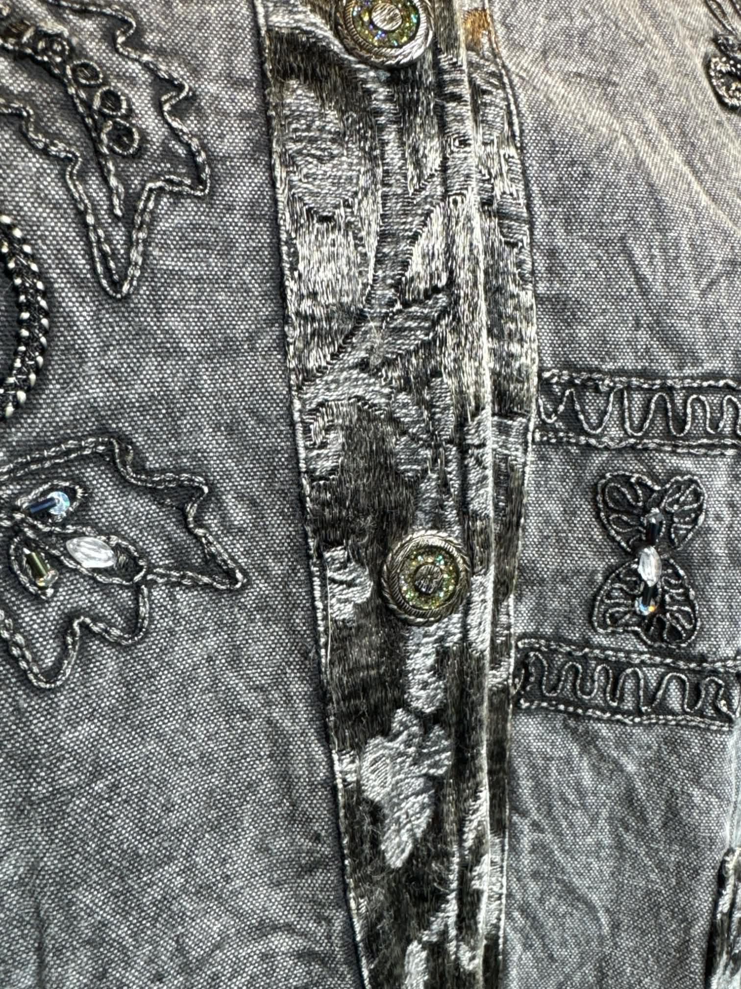 2X Flashback vintage grey washed denim button up jacket with iridescent bedazzling, pockets, and embroidery