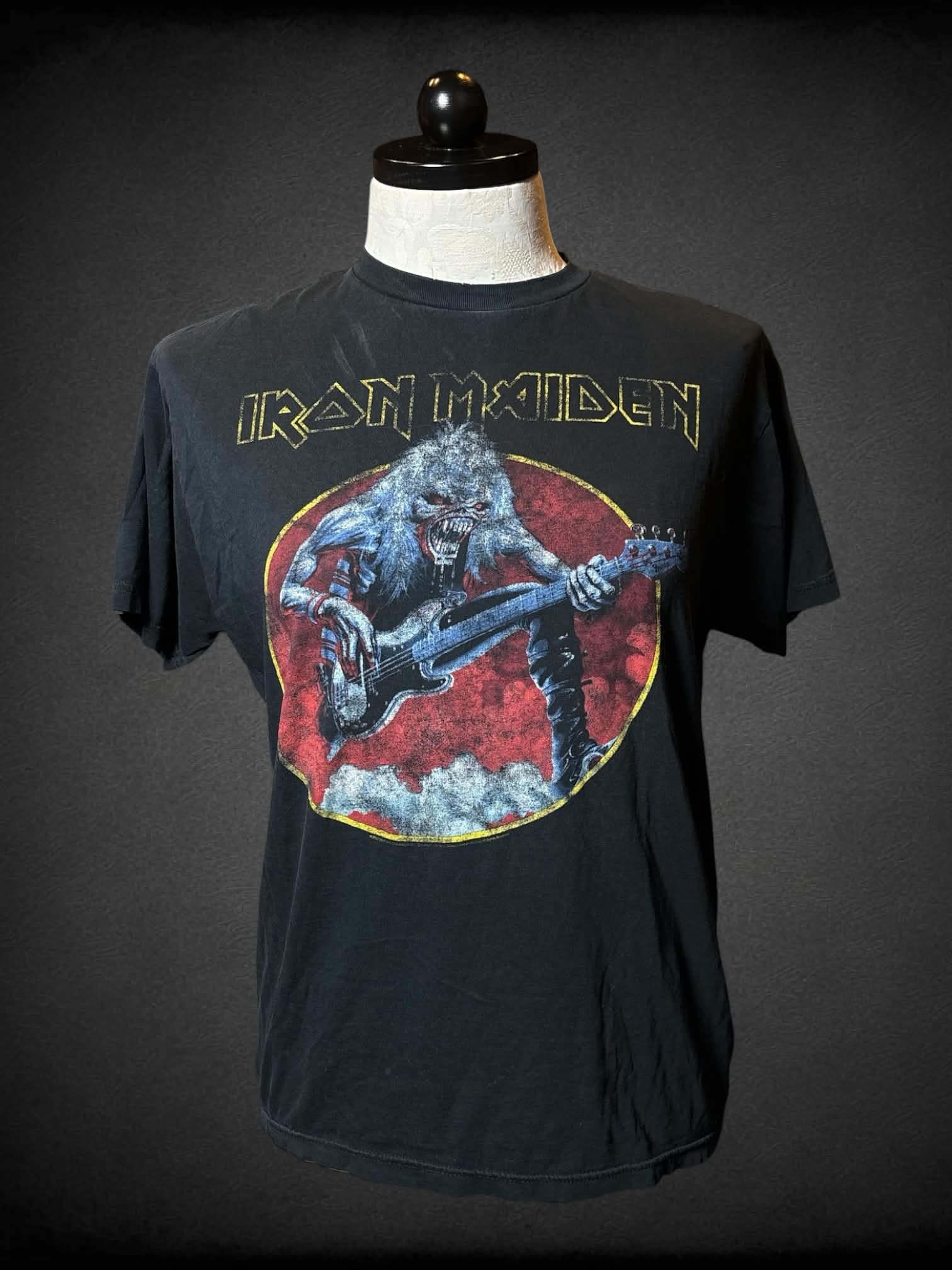 1X Bay J Stand black t-shirt with worn & faded “Iron Maiden” graphic on front