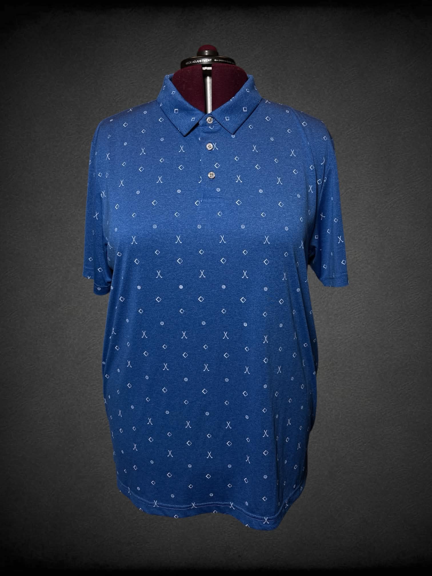2X PGA Tour blue polo shirt with golf clubs & golf ball pattern