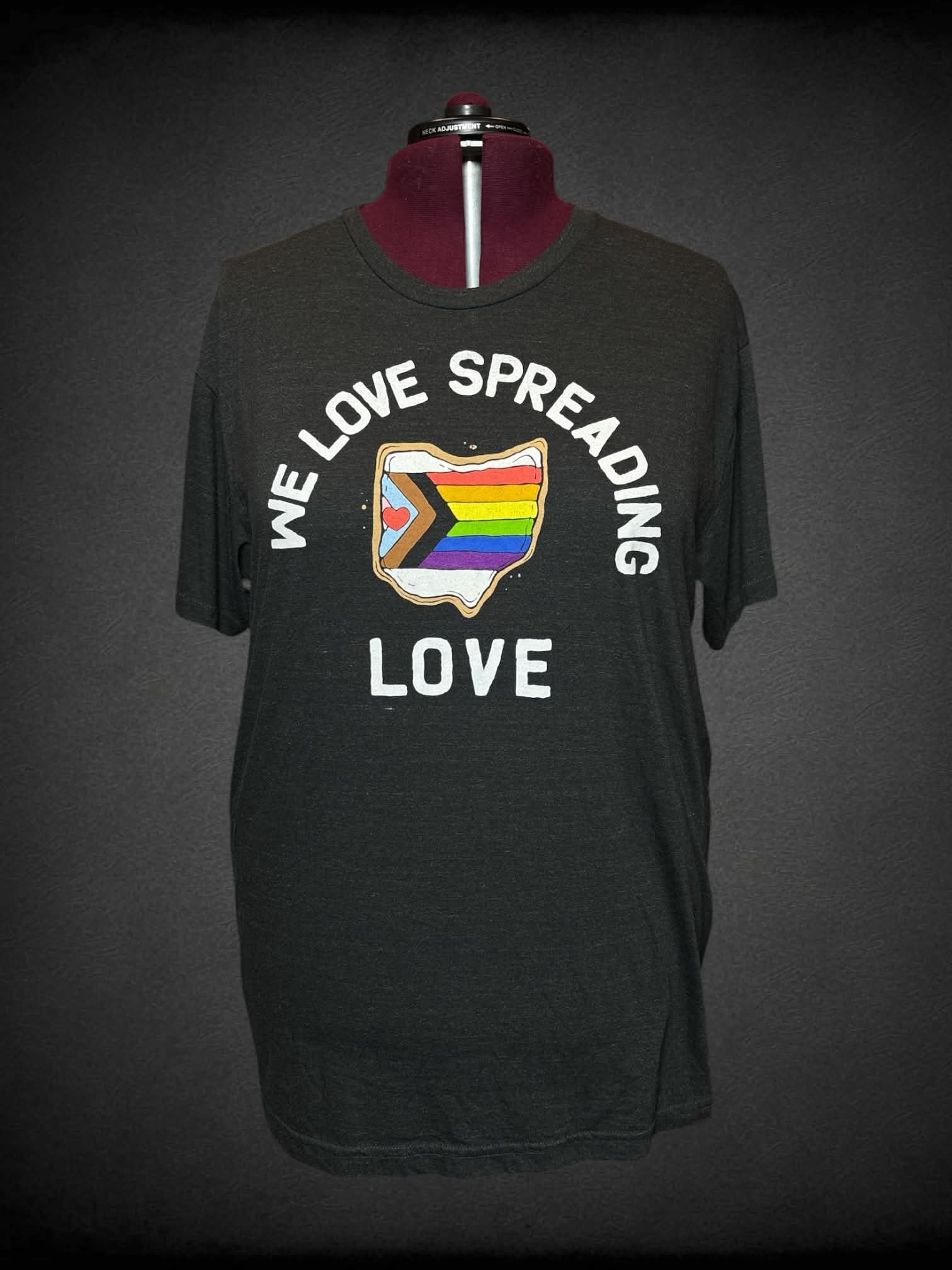 3X Homage grey t shirt with “We Love Spreading Love” Ohio Pride graphic