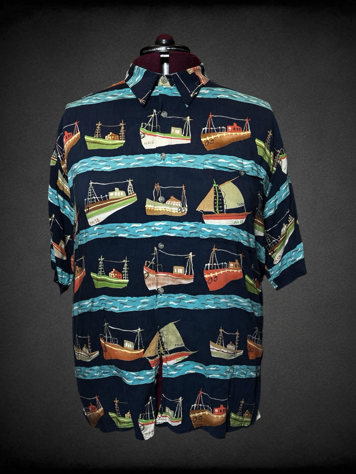 3X Campia vintage navy blue button-up shirt with colorful boat pattern