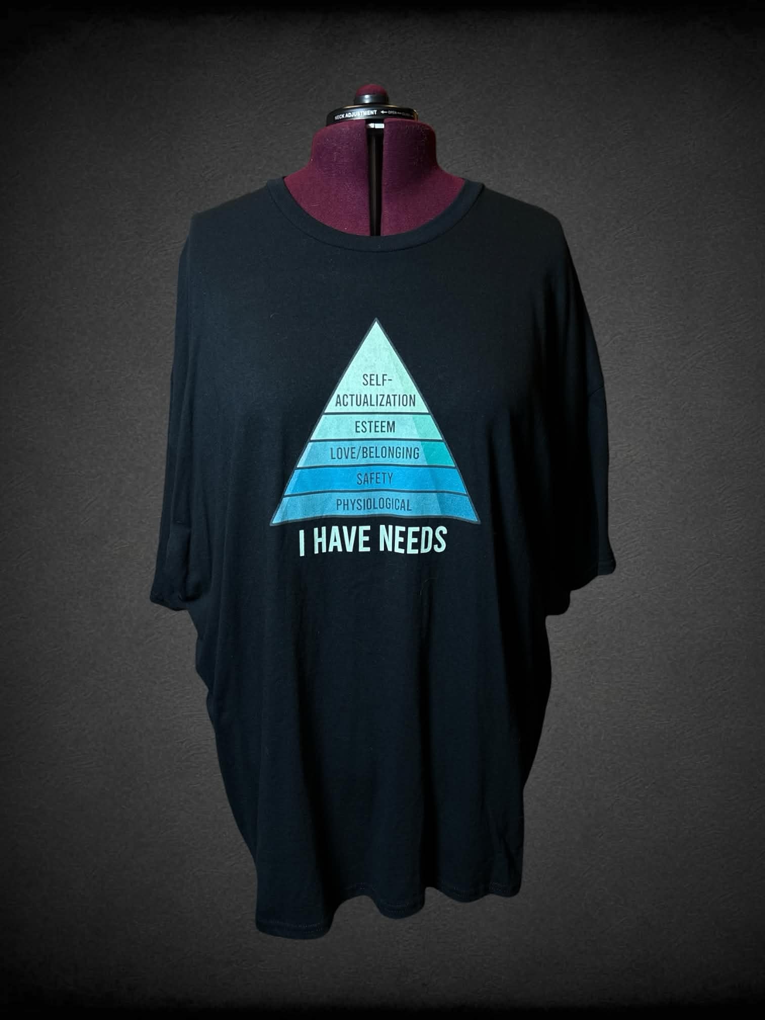 5X Gildan black t shirt with “I Have Needs” blue pyramid graphic