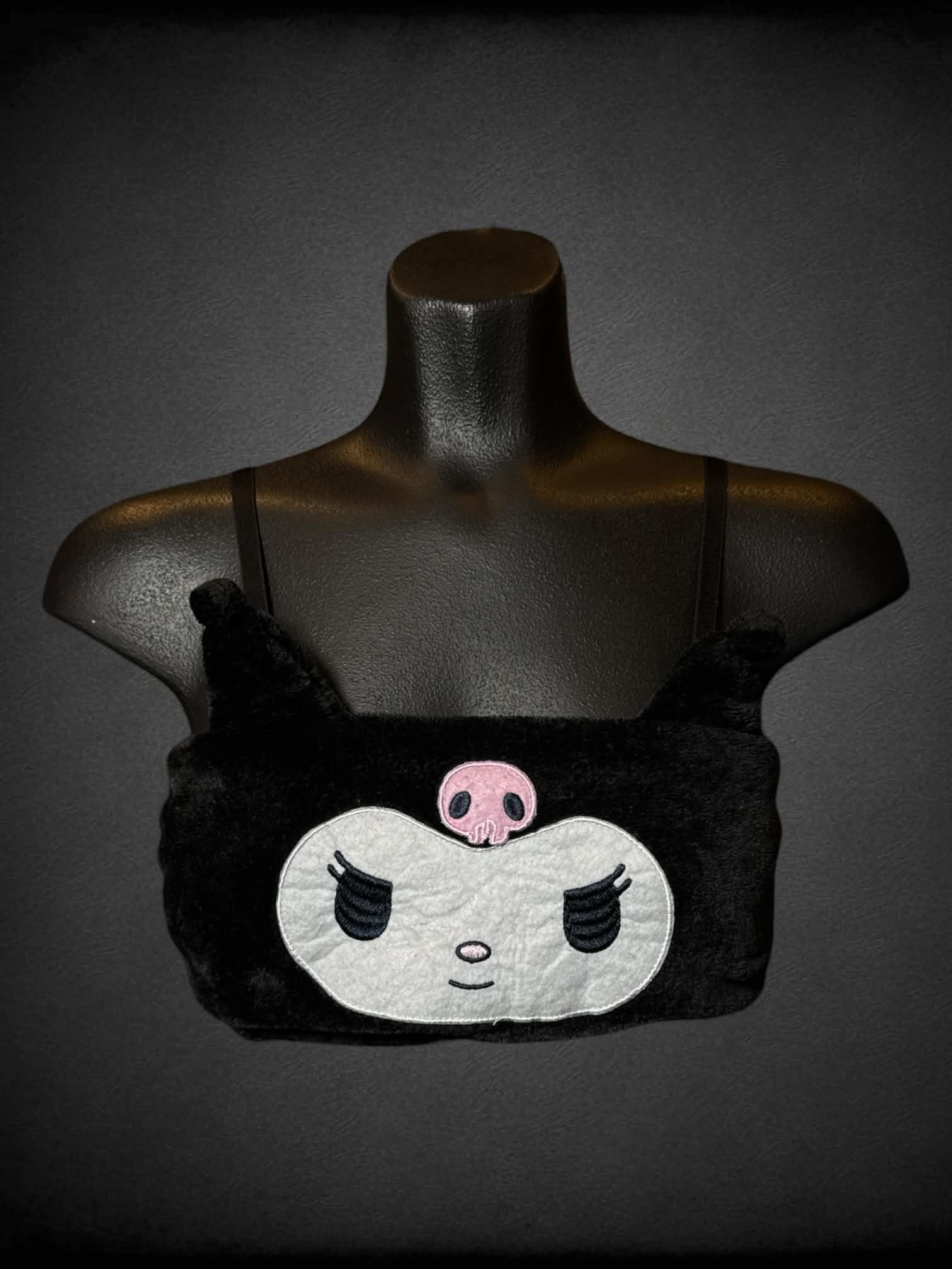 S Sister Princess soft “Kuromi” Sanrio plush crop tank top with adjustable straps, and hooks on back