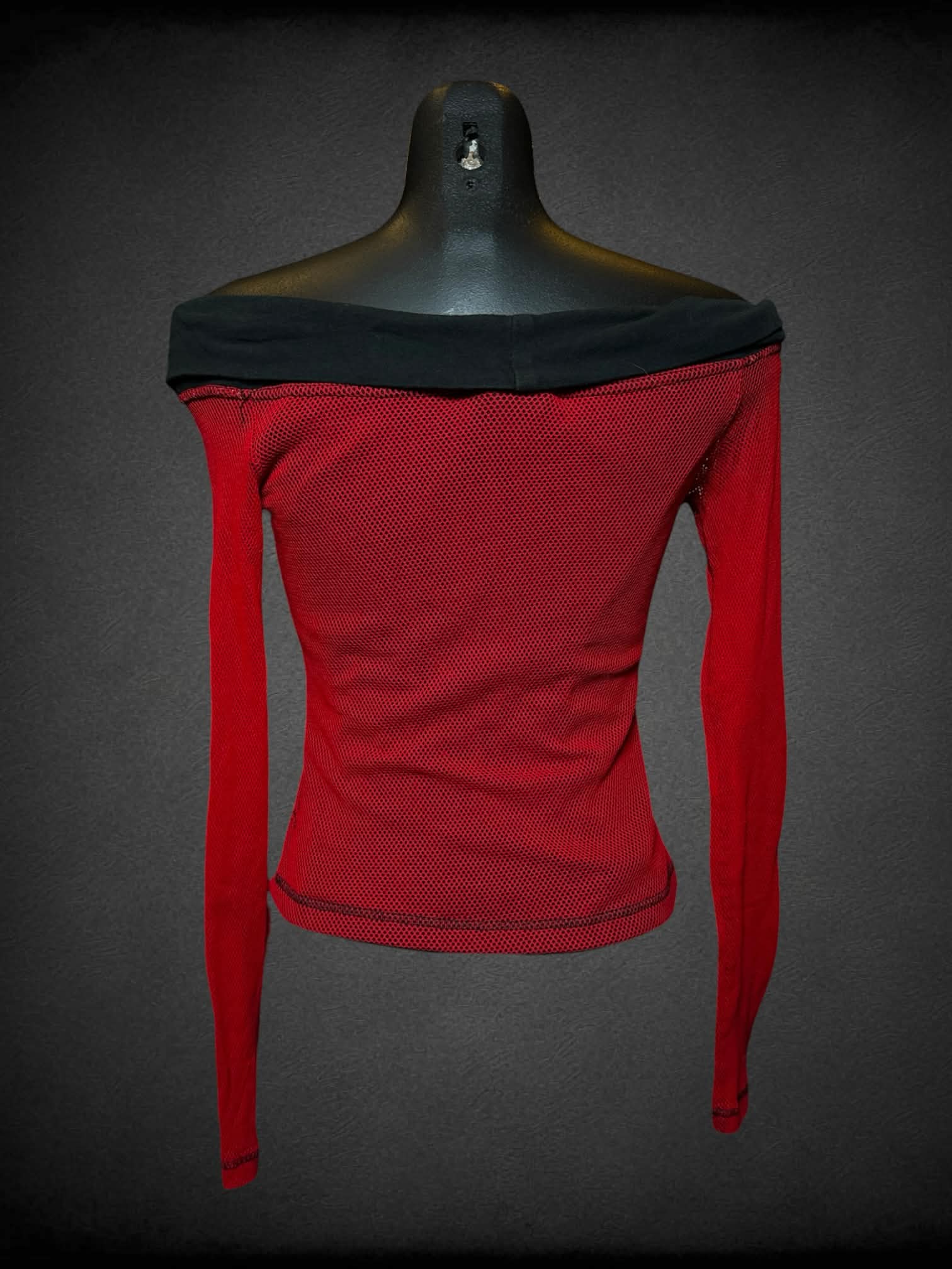 S Lip Service vintage red off-the-shoulder mesh top with decorative safety pins