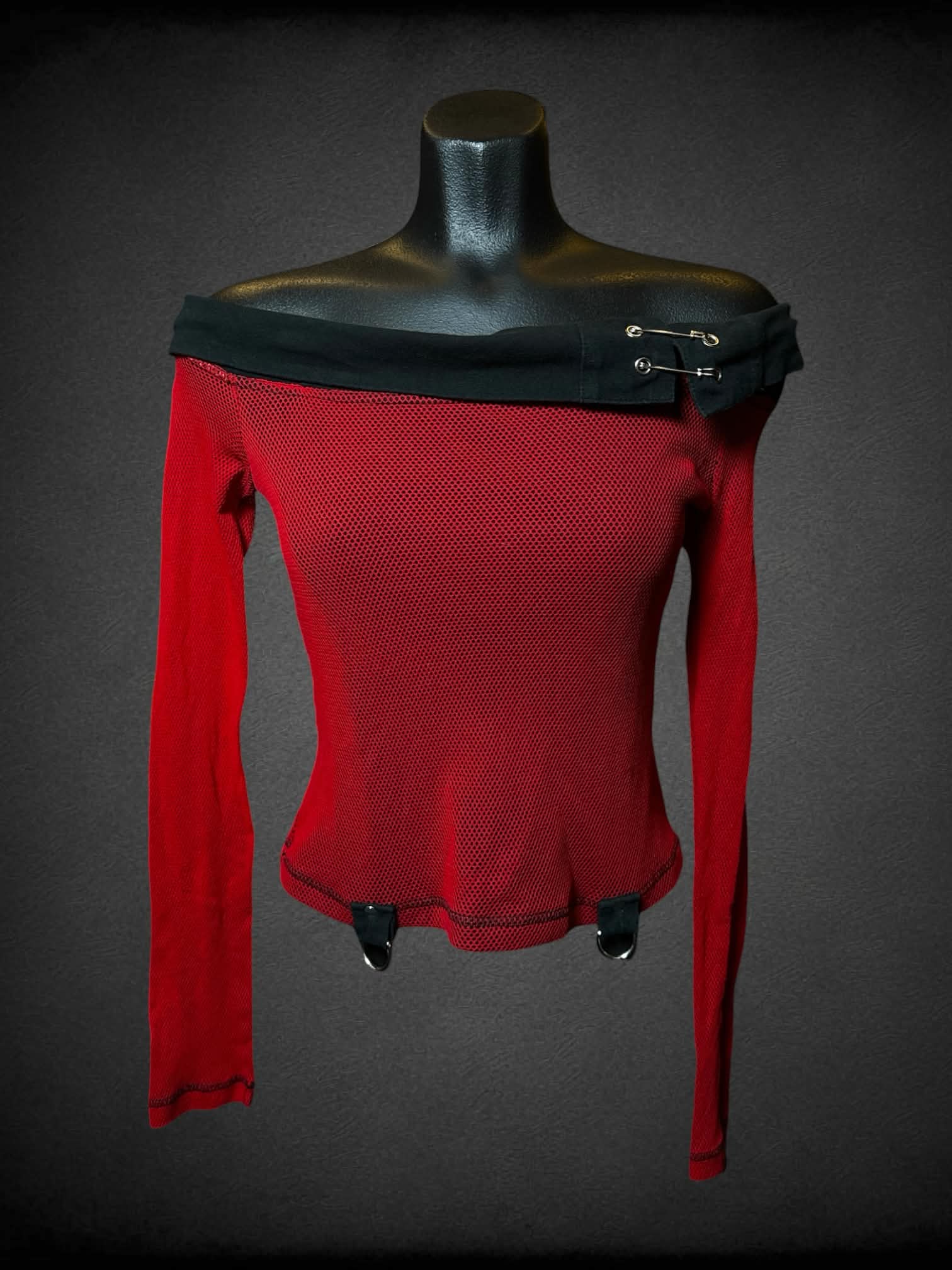 S Lip Service vintage red off-the-shoulder mesh top with decorative safety pins