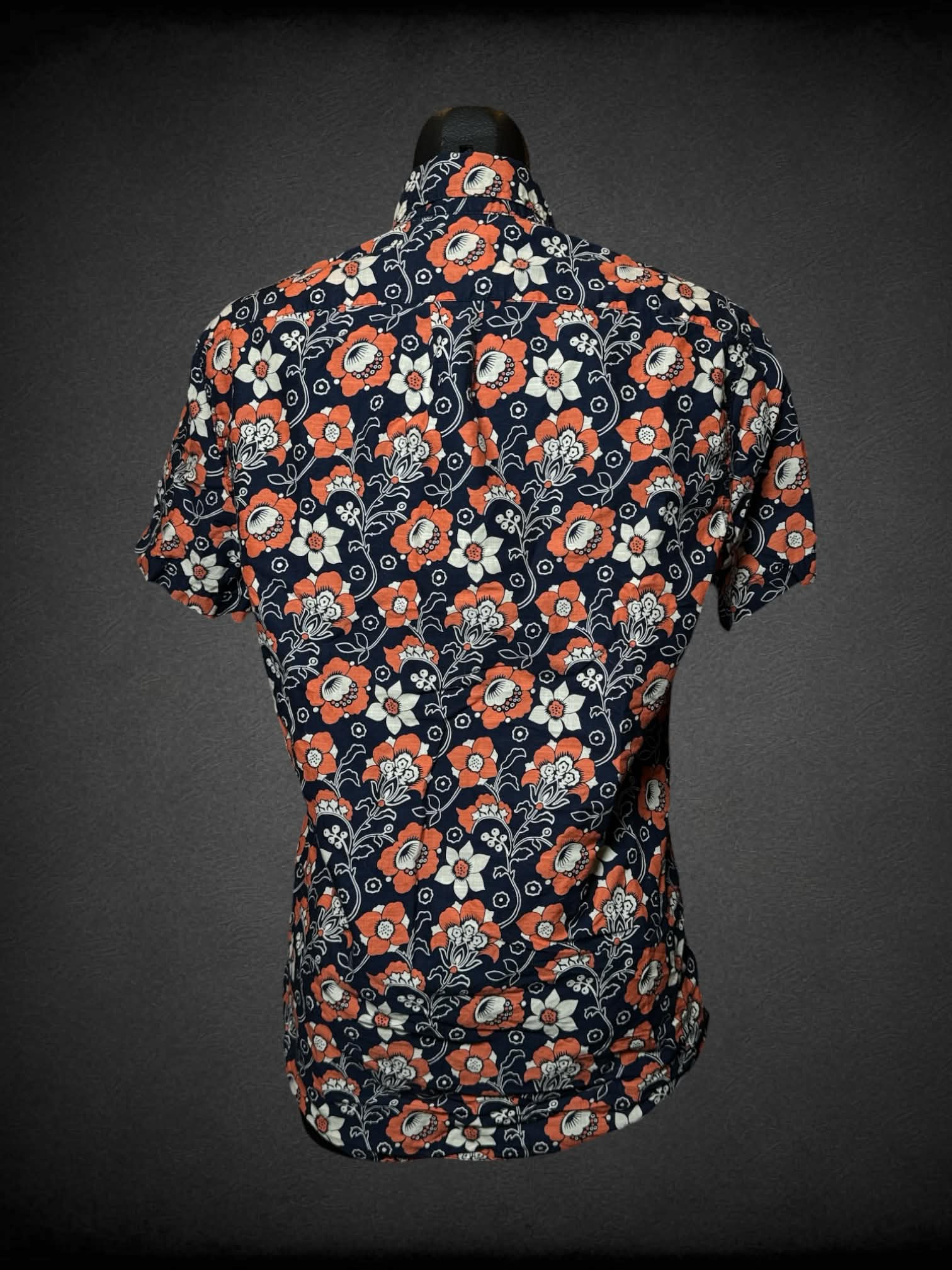 S J. Crew navy button-down shirt with orange & white floral pattern