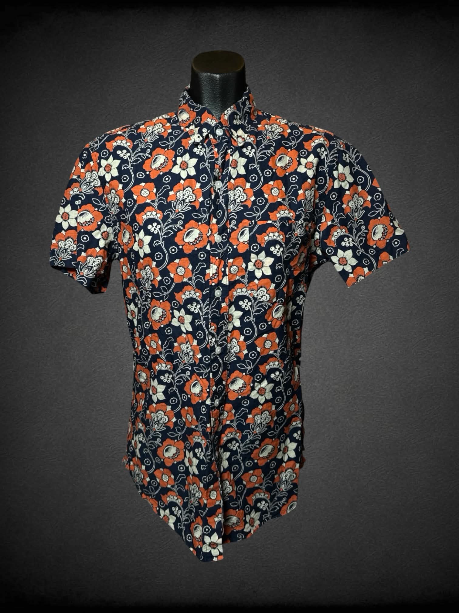 S J. Crew navy button-down shirt with orange & white floral pattern