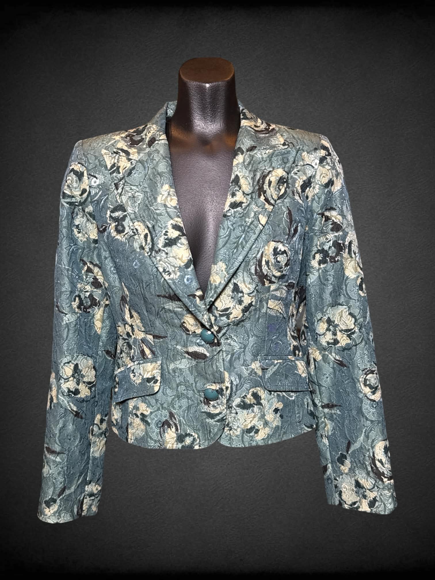 S Context green textured blazer with paisley floral pattern, and faux pockets