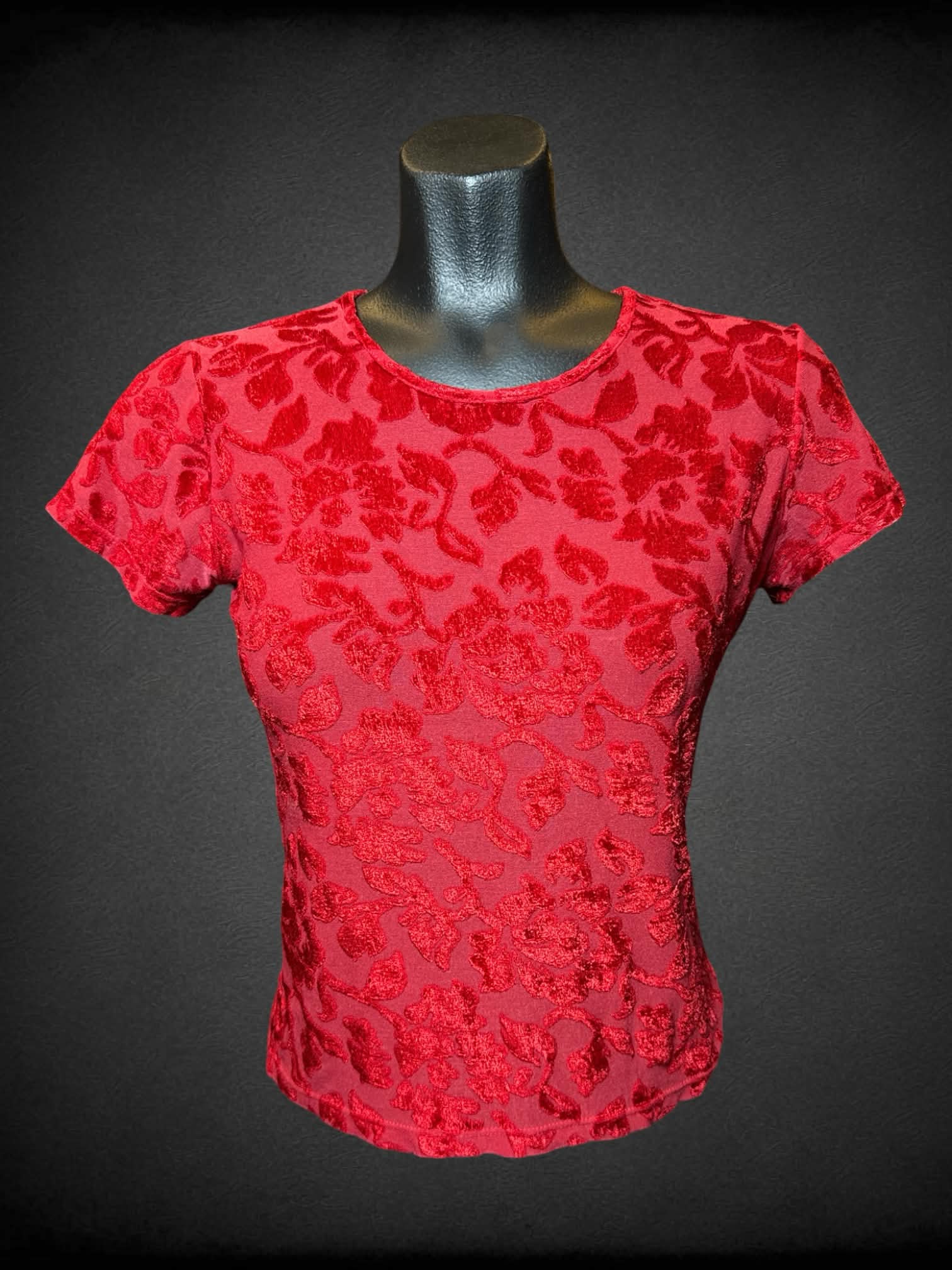 M vintage red sheer top with velvet-like floral pattern