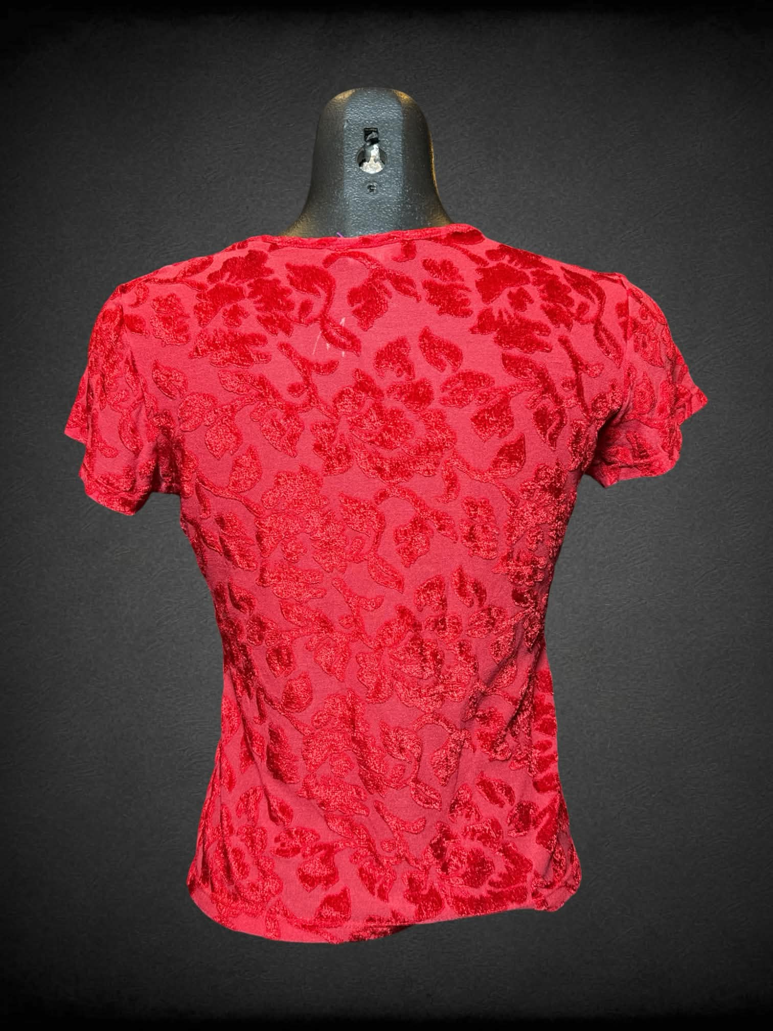 M vintage red sheer top with velvet-like floral pattern