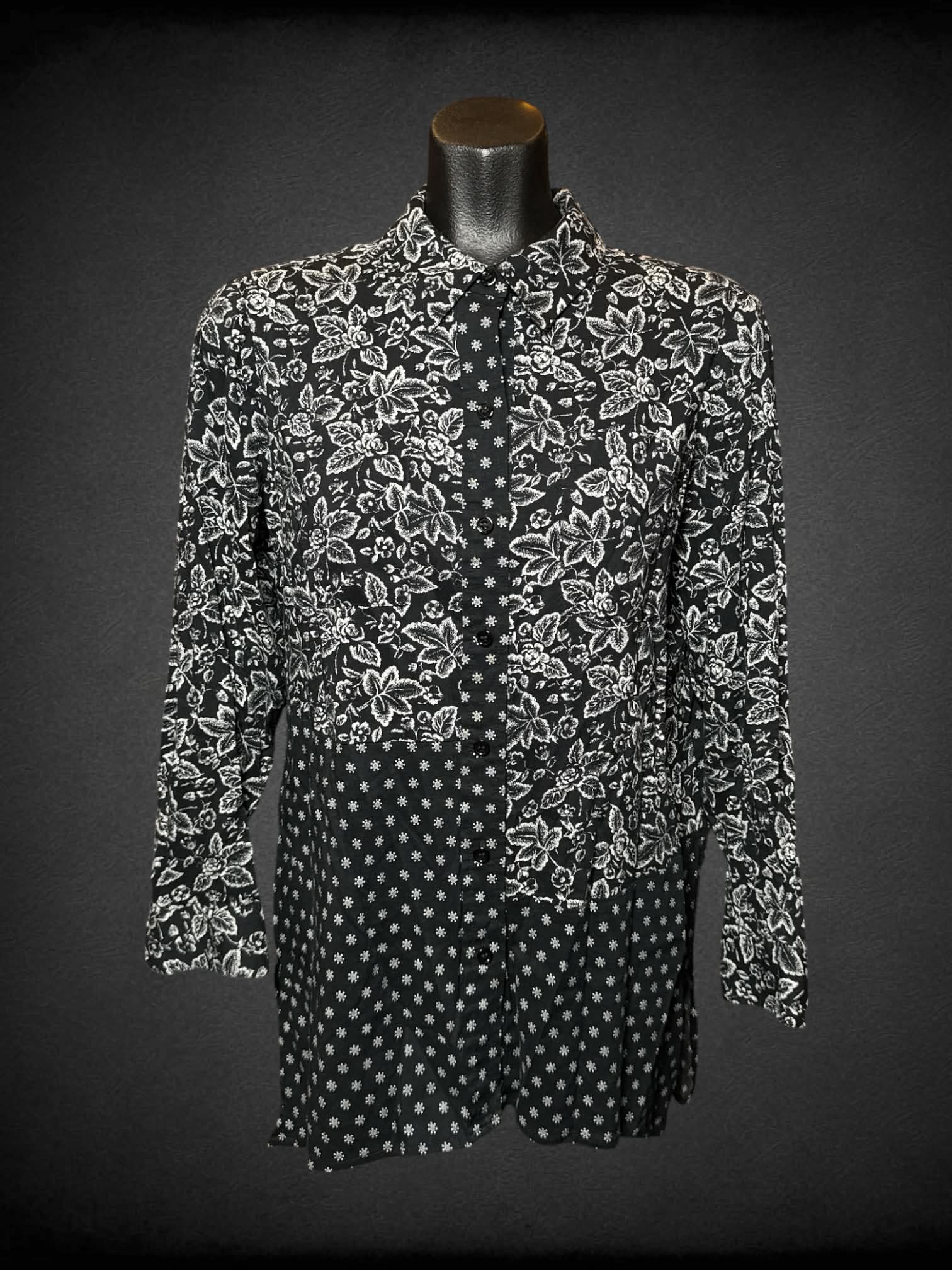 M Westbound black button-up shirt with white spotted & floral pattern with asymmetrical design on front