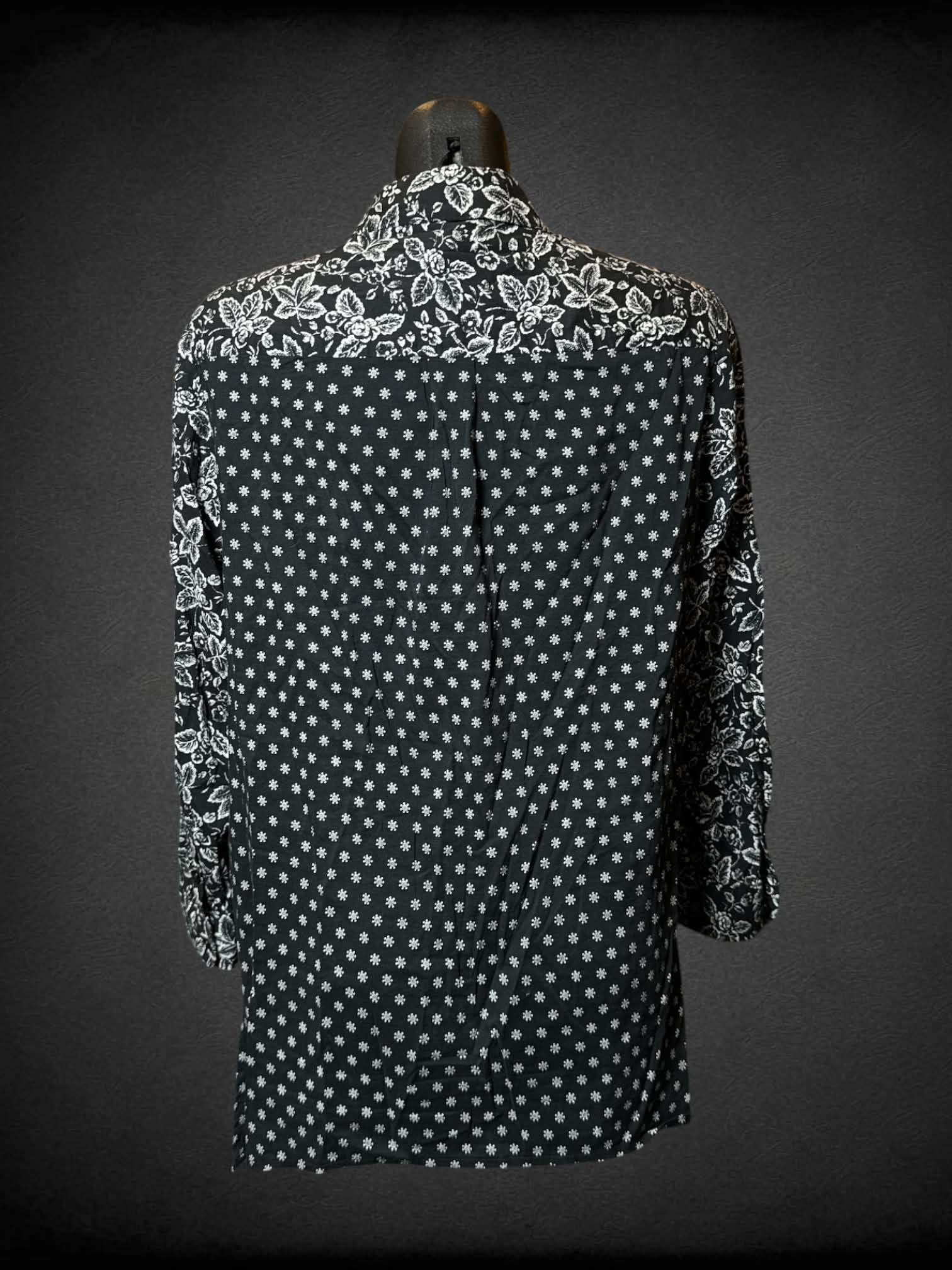 M Westbound black button-up shirt with white spotted & floral pattern with asymmetrical design on front