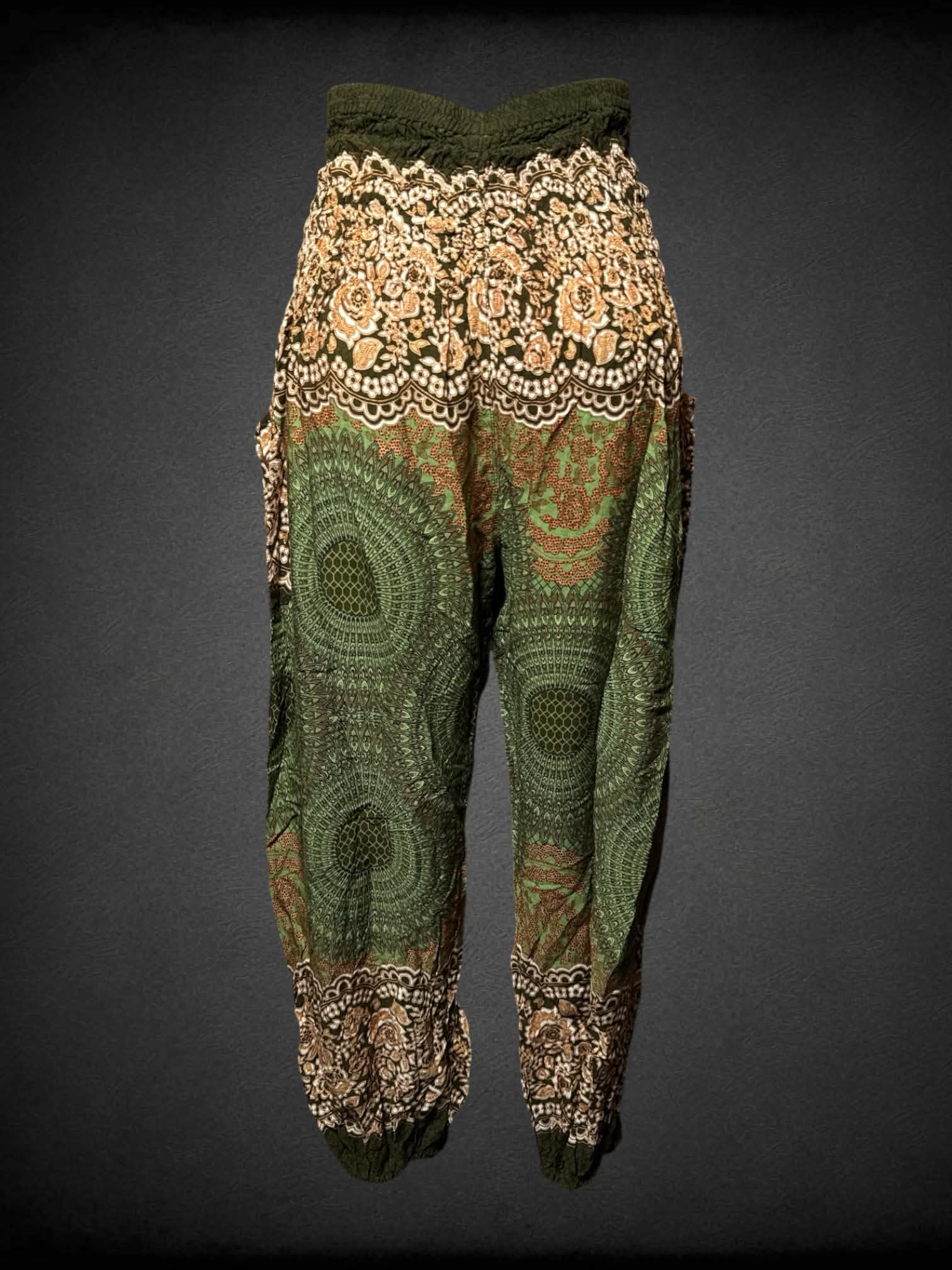 M Boho Pants green pants with brown mandala & floral patterns, pocket on side and stretch waist