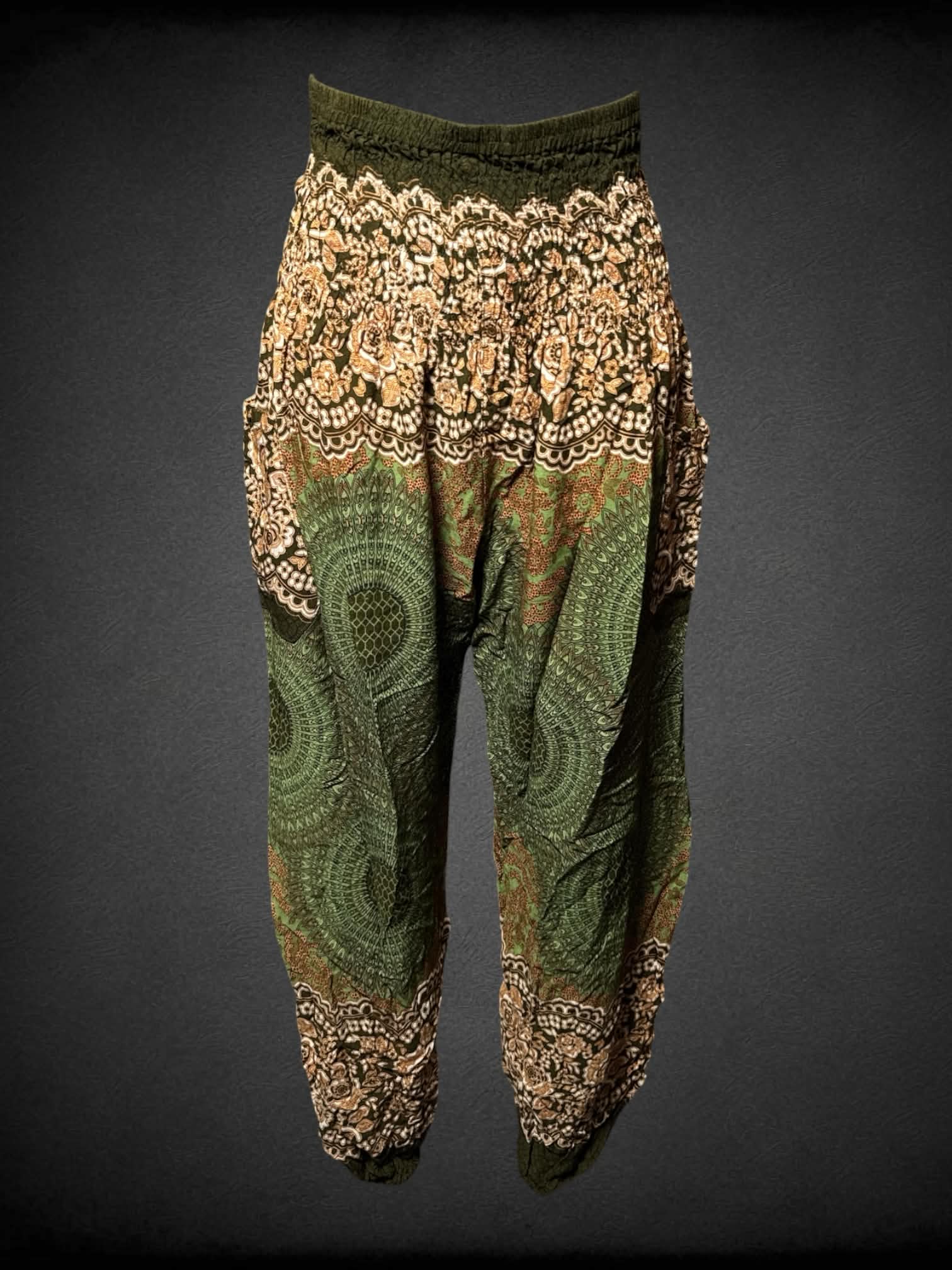 M Boho Pants green pants with brown mandala & floral patterns, pocket on side and stretch waist