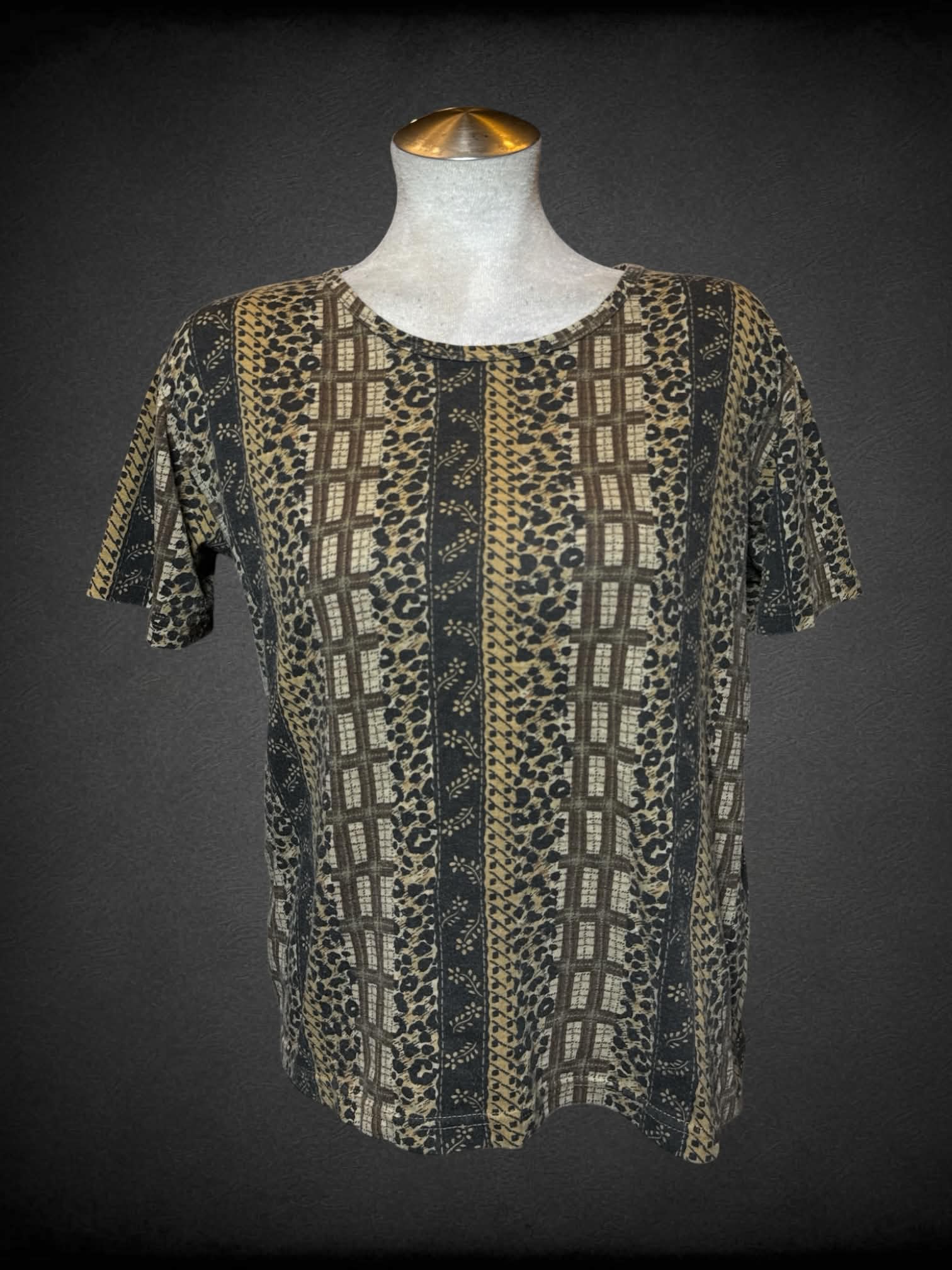 L Erika Collection vintage brown t shirt with multi-pattern design