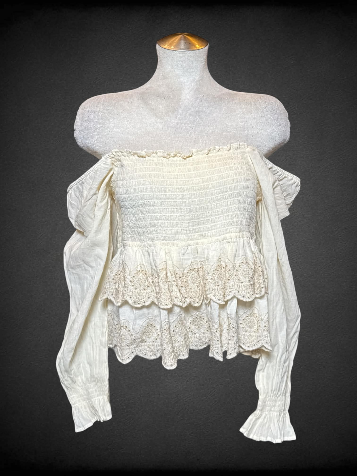 L American Eagle cream off-the-shoulder shirred top with sheer puff sleeves and embroidered ruffle cut