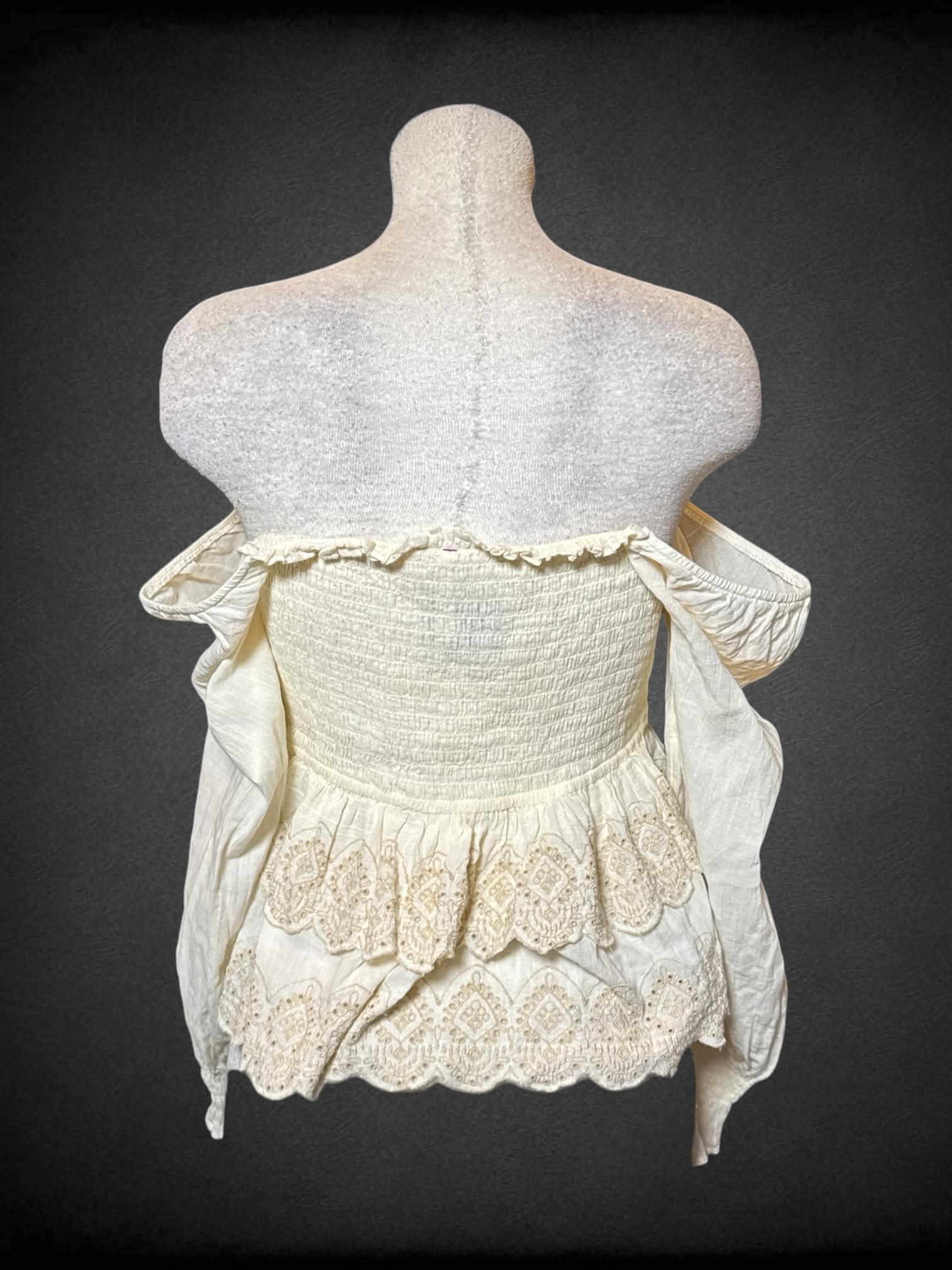 L American Eagle cream off-the-shoulder shirred top with sheer puff sleeves and embroidered ruffle cut