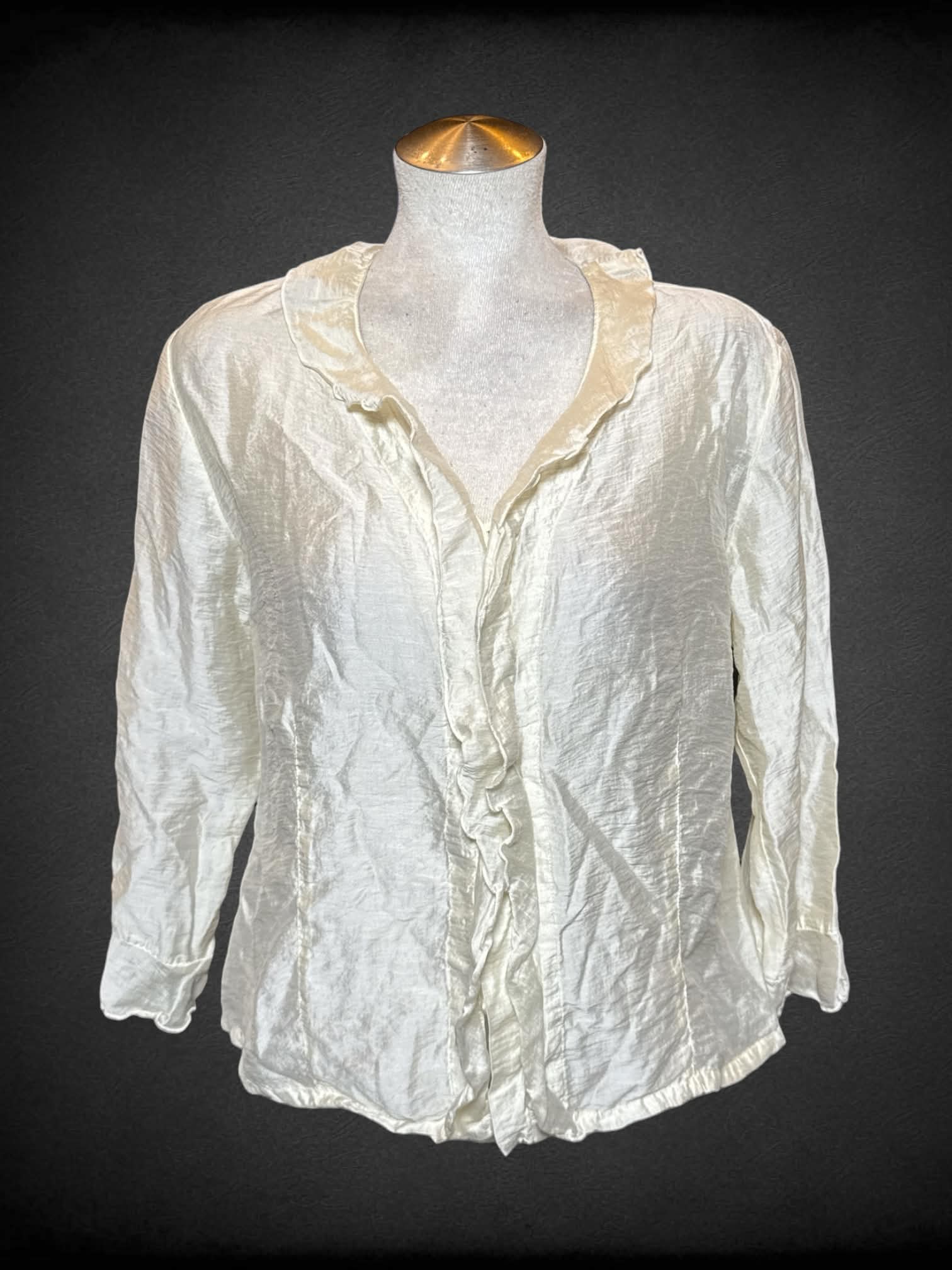 L Cut Loose cream sheer button-up blouse with ruffle collar