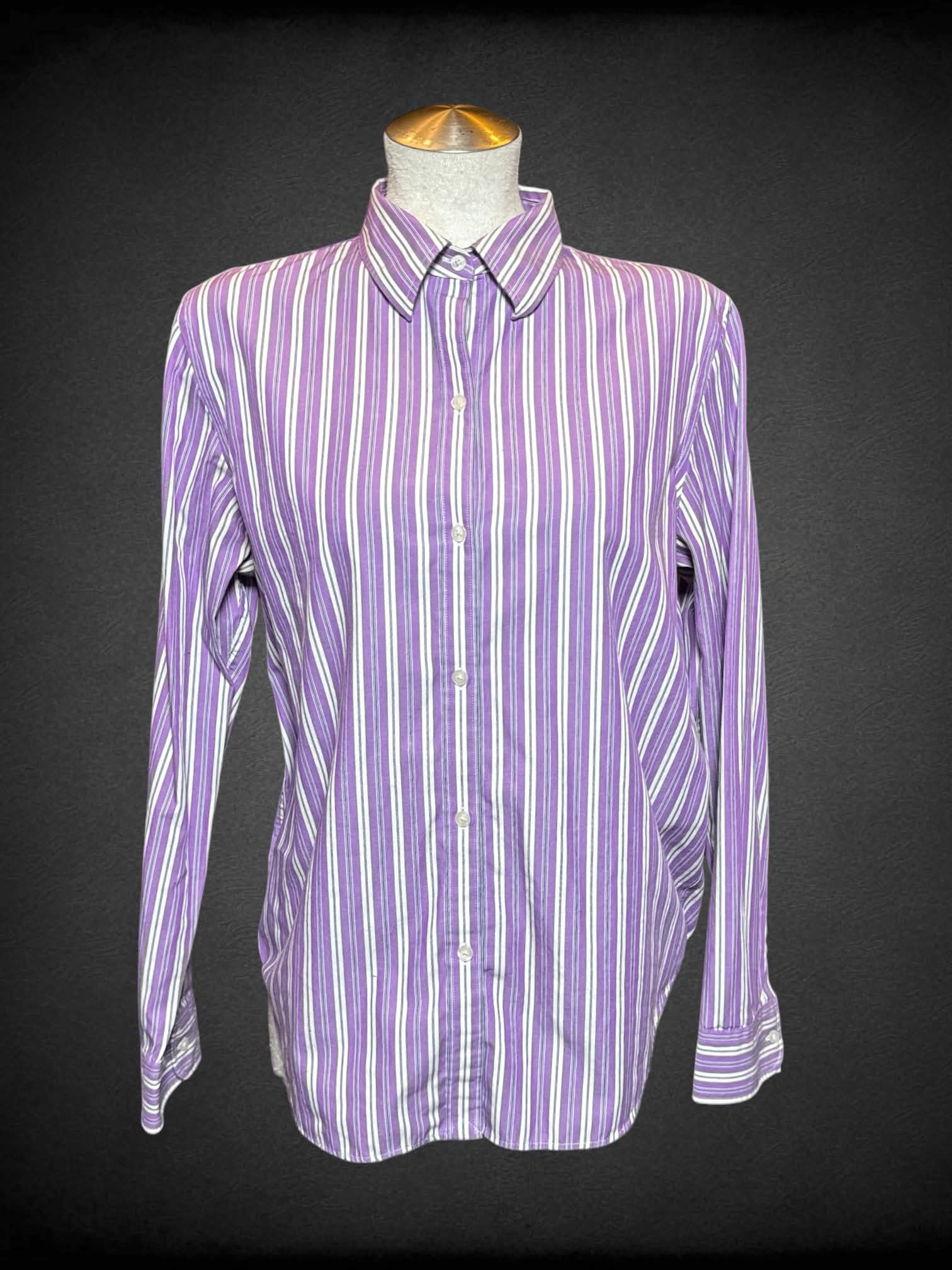 L Chaps purple button-up shirt with black & white striped pattern