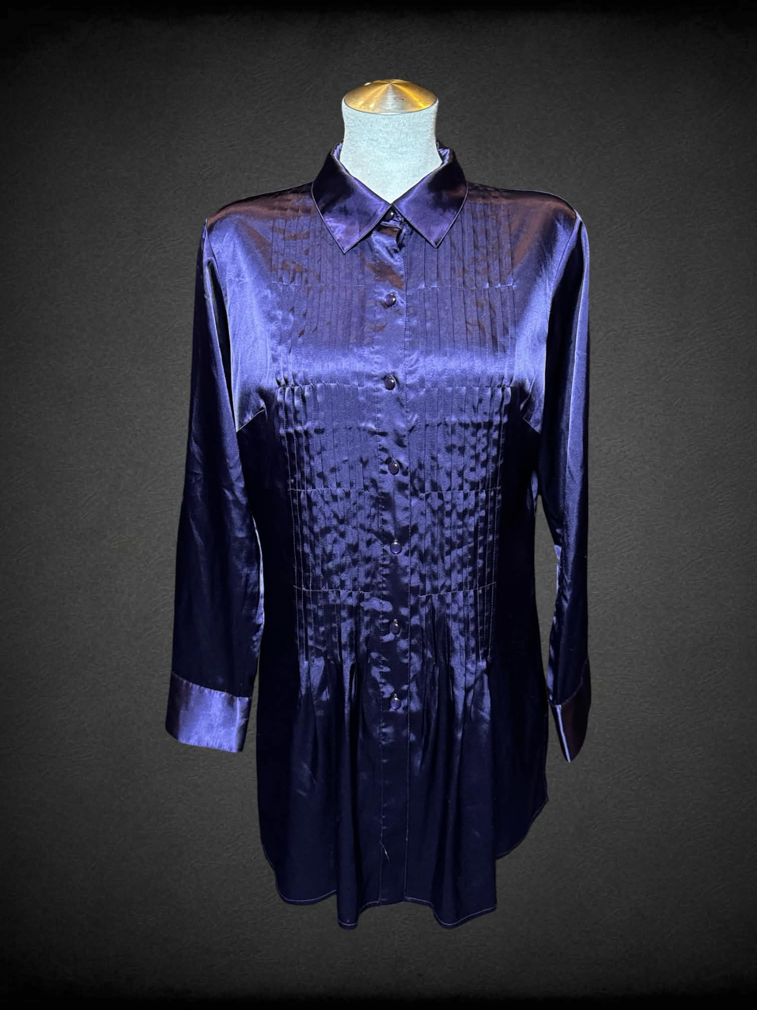 L Chico’s purple silk-like button up shirt with pleated design on front
