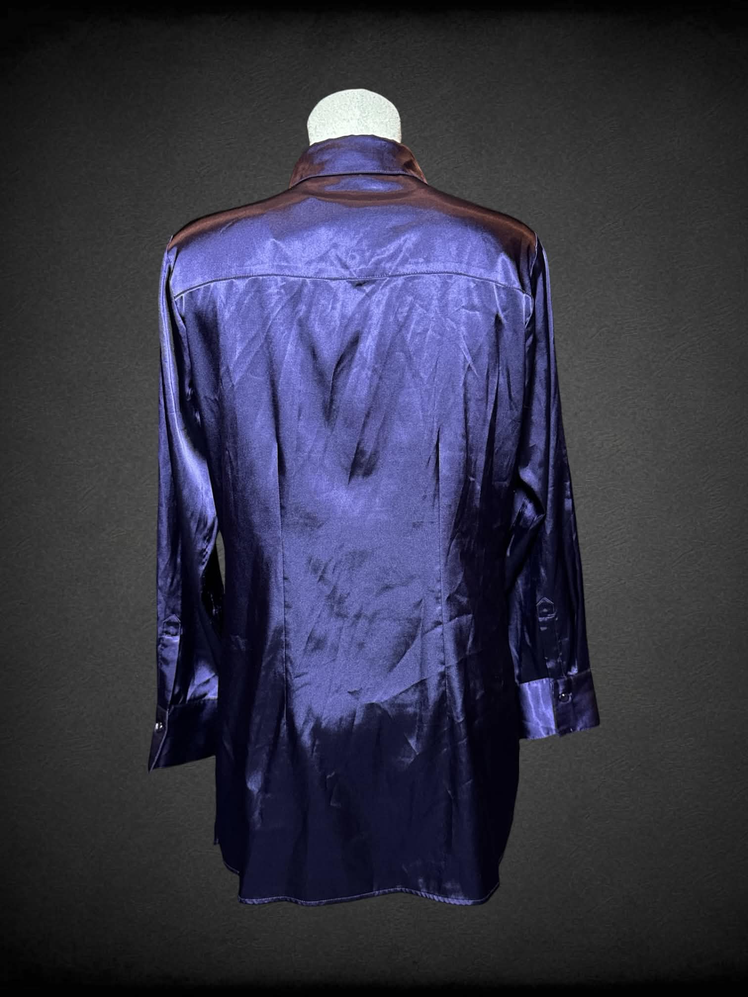 L Chico’s purple silk-like button up shirt with pleated design on front