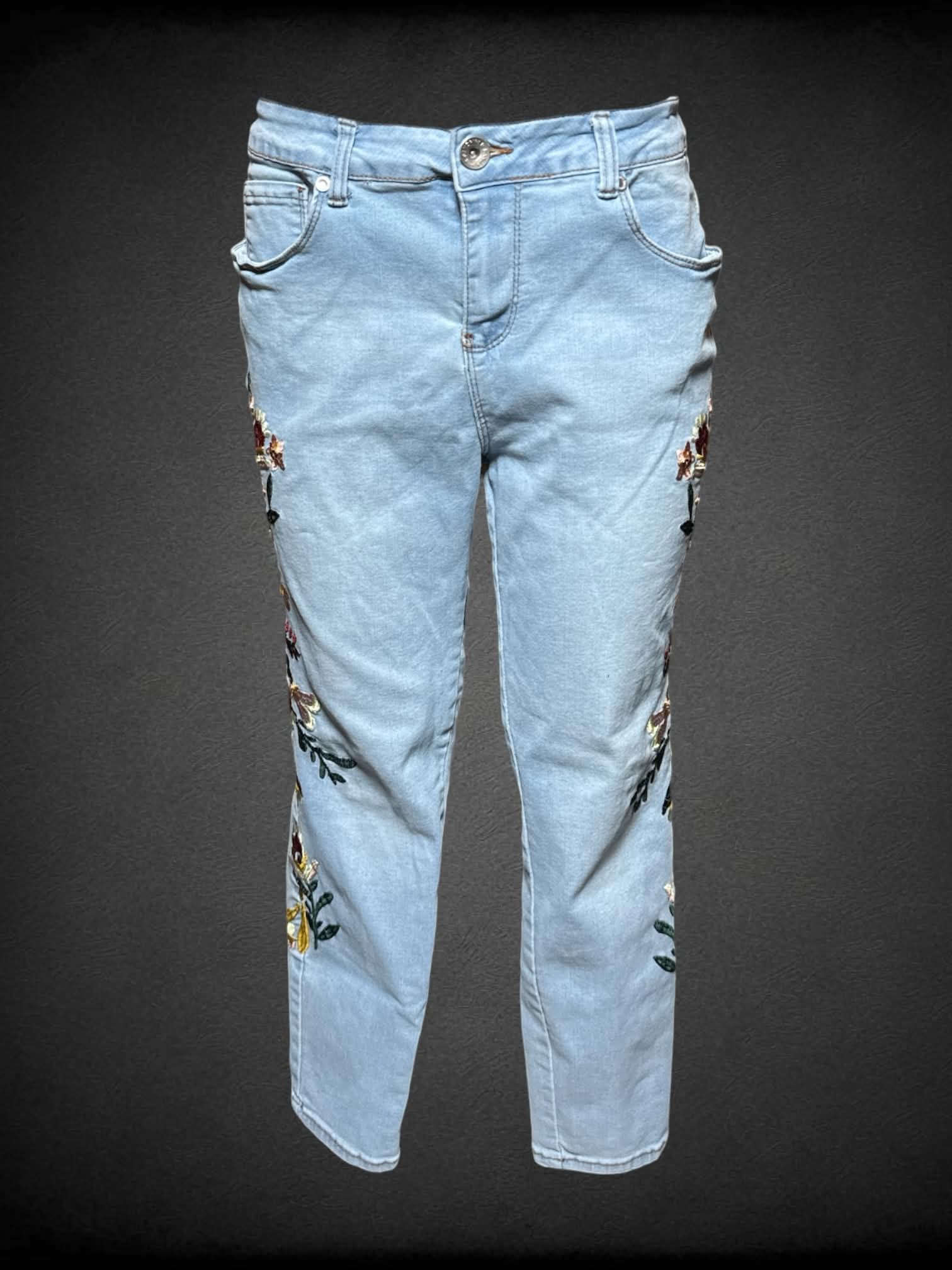 L Sandpiper blue skinny jeans with embroidered flowers on each side