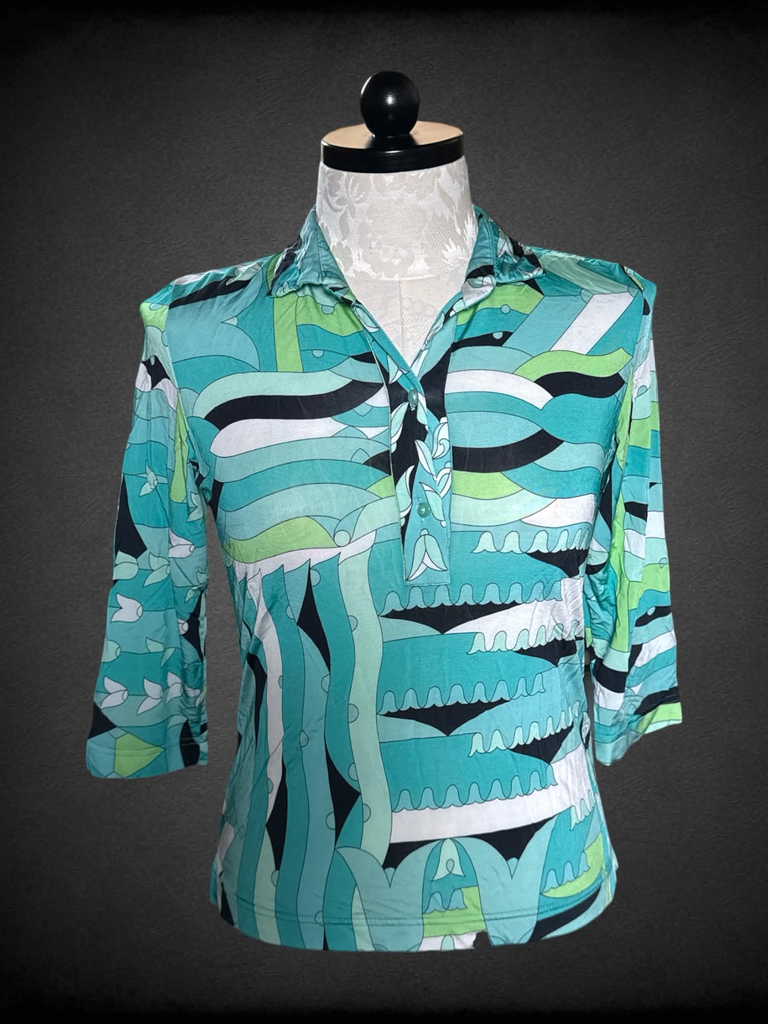 XL Averardo Bessi blue blouse with green & black artistic design, and buttons on front