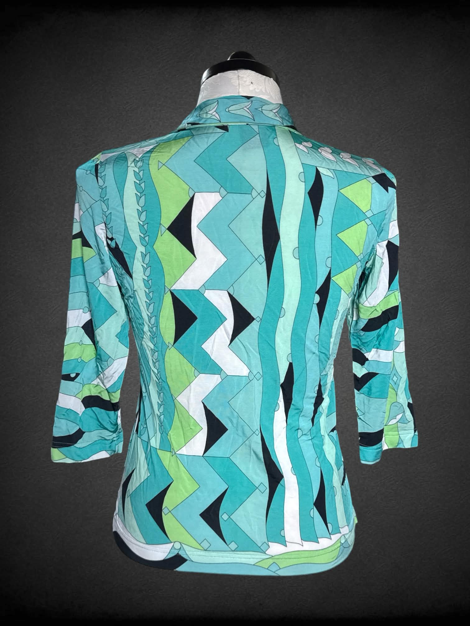XL Averardo Bessi blue blouse with green & black artistic design, and buttons on front