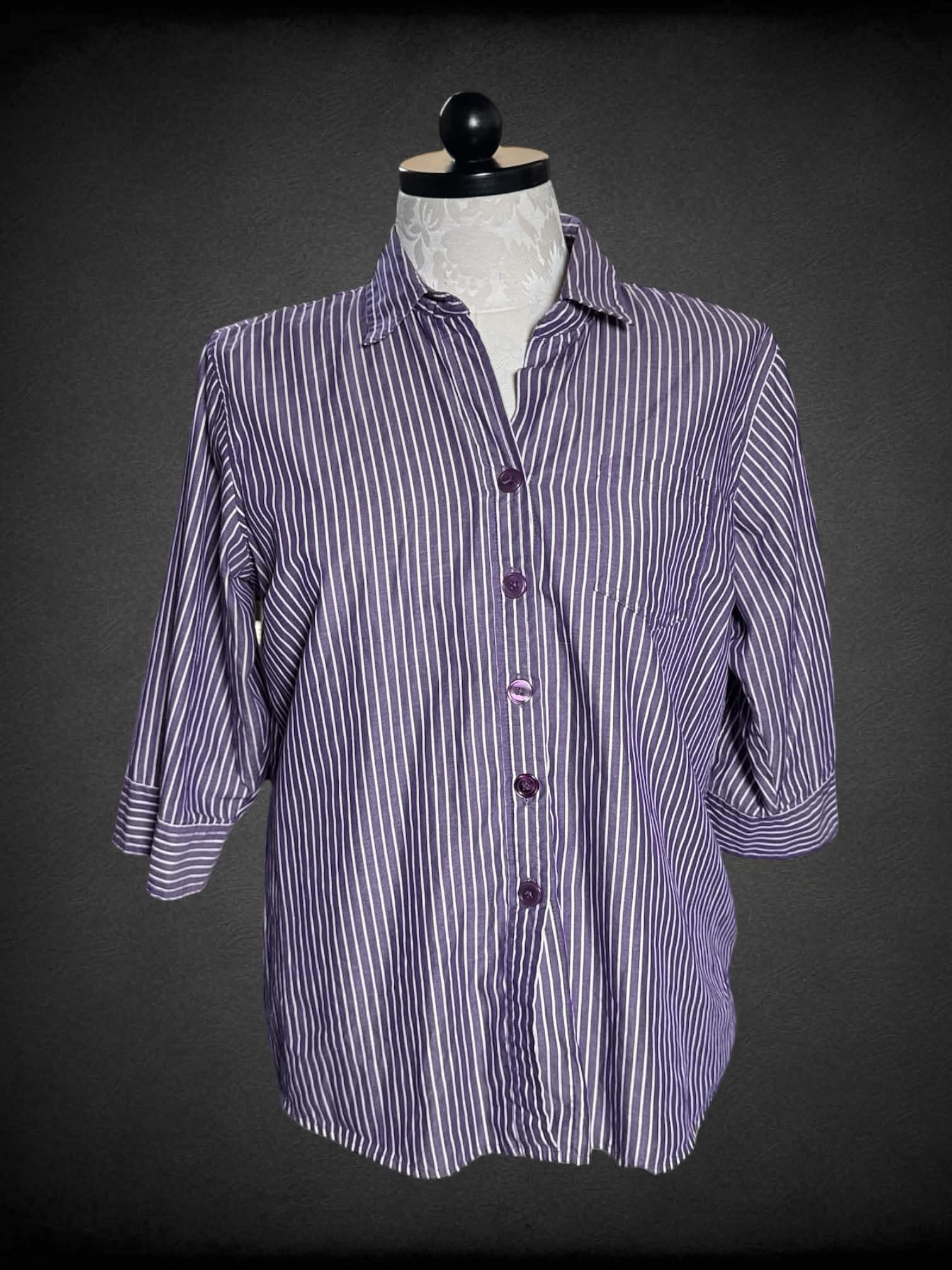 XL Dressbarn purple half-sleeve button up shirt with white stripes