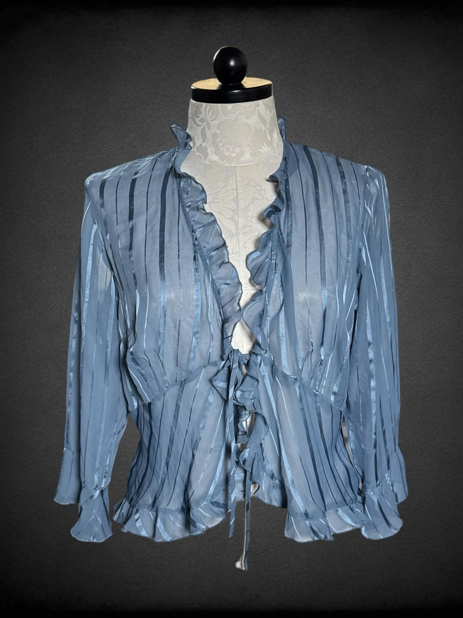 0X Studio 1940 blue sheer ruffle blouse with striped pattern, and tie on front
