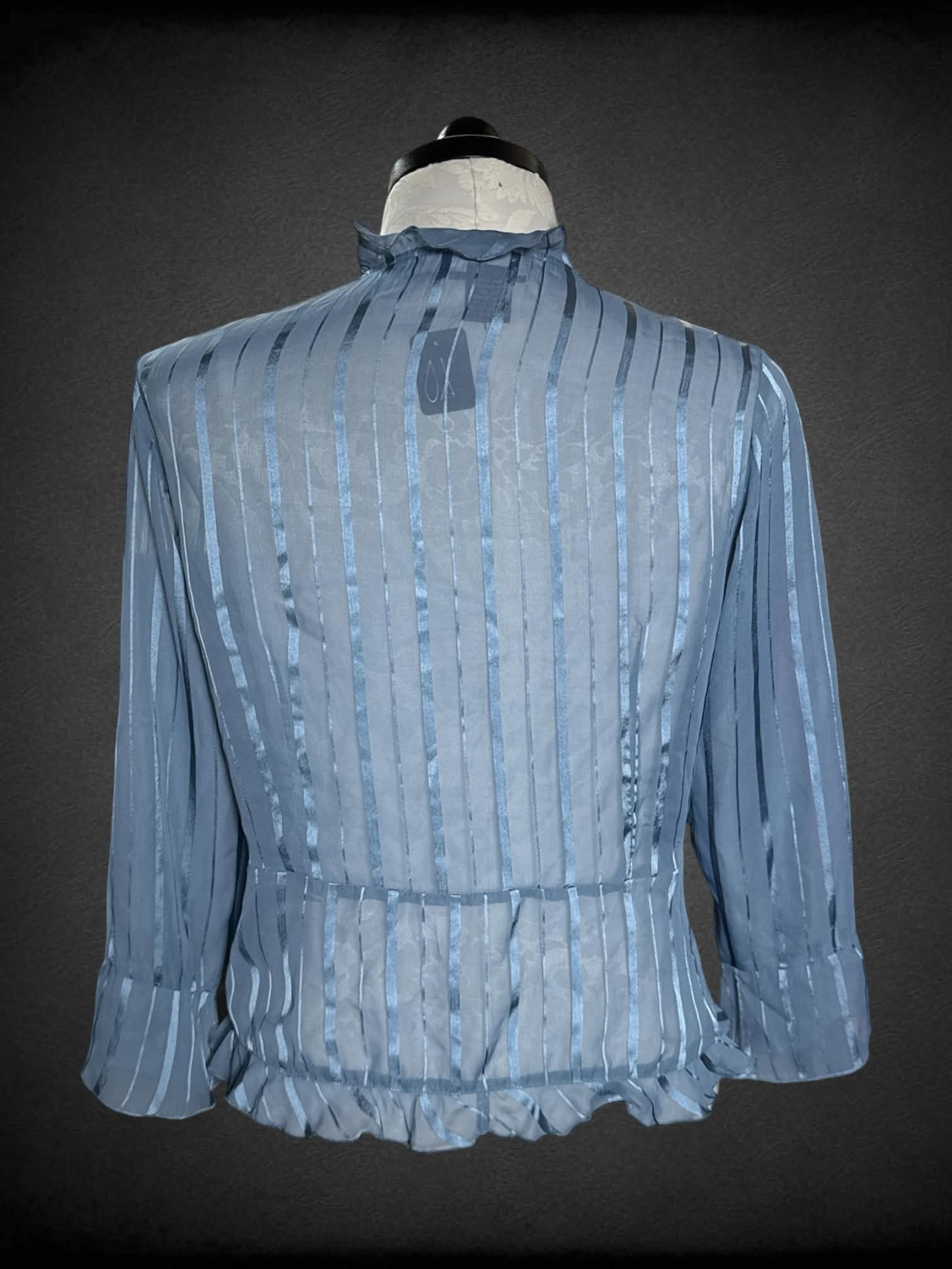 0X Studio 1940 blue sheer ruffle blouse with striped pattern, and tie on front
