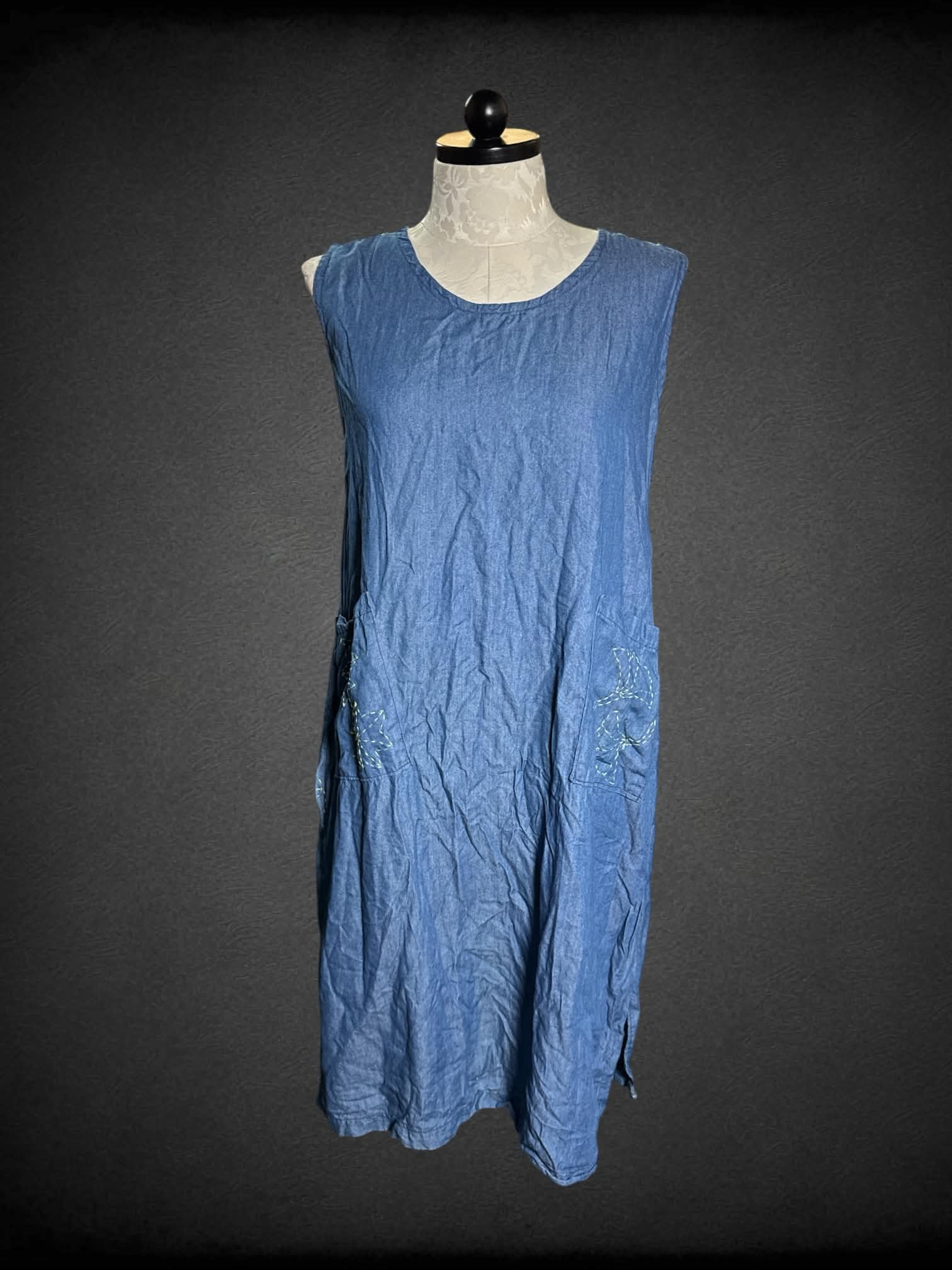 0X homemade blue denim dress with buttons on front, and sewn flower design