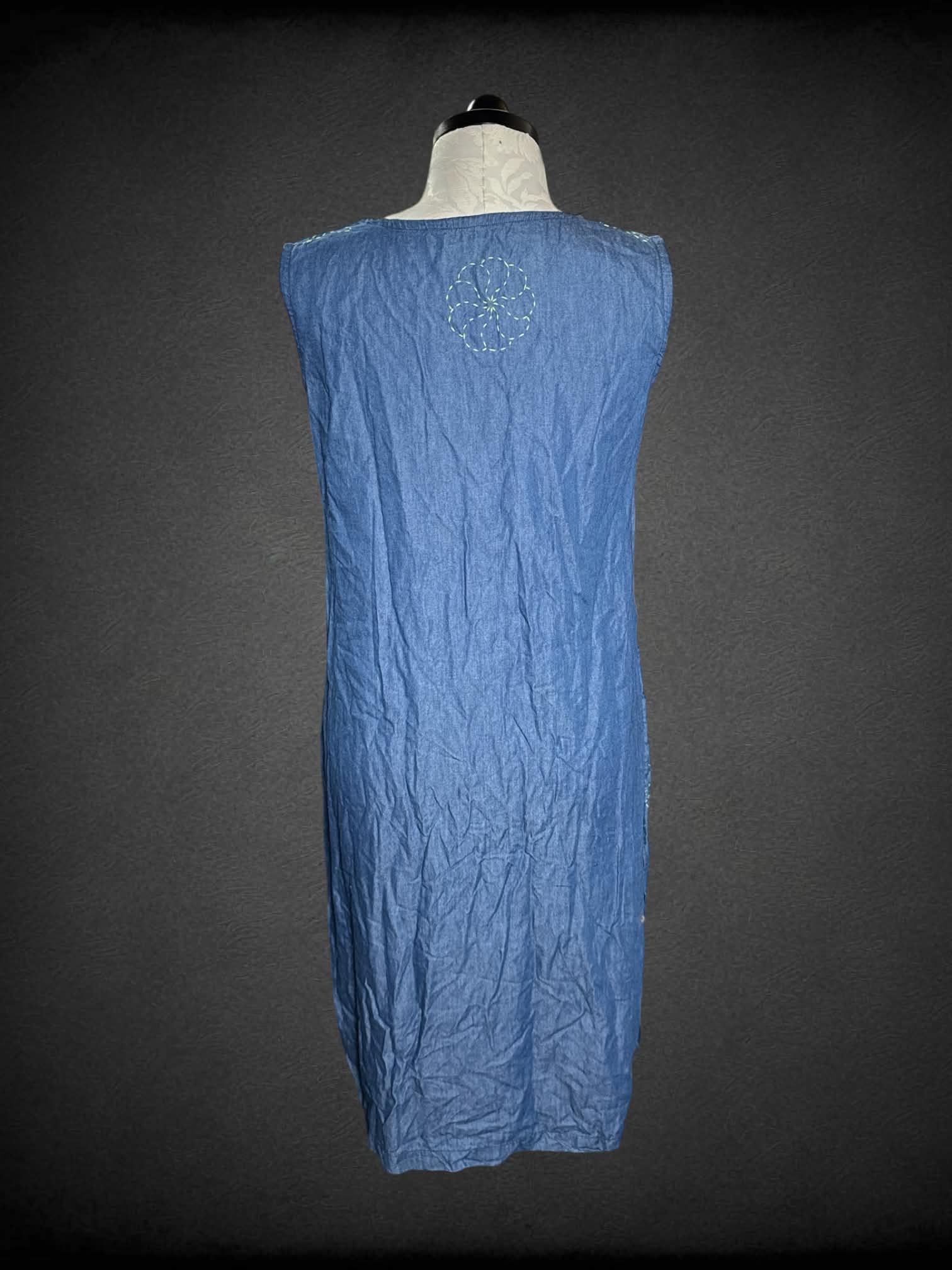 0X homemade blue denim dress with buttons on front, and sewn flower design