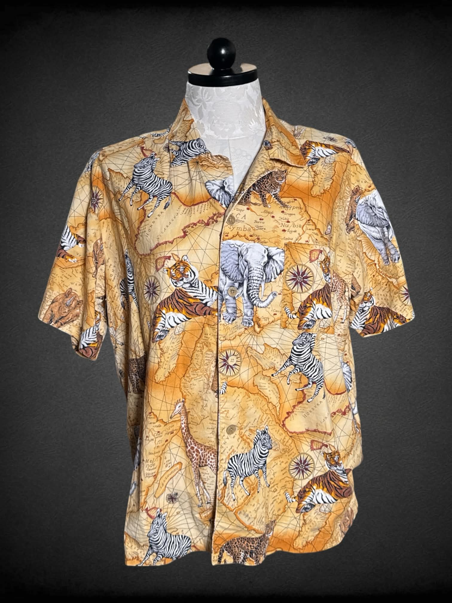 1X The Dude vintage orange button-up shirt with safari animal design, and pockets on front