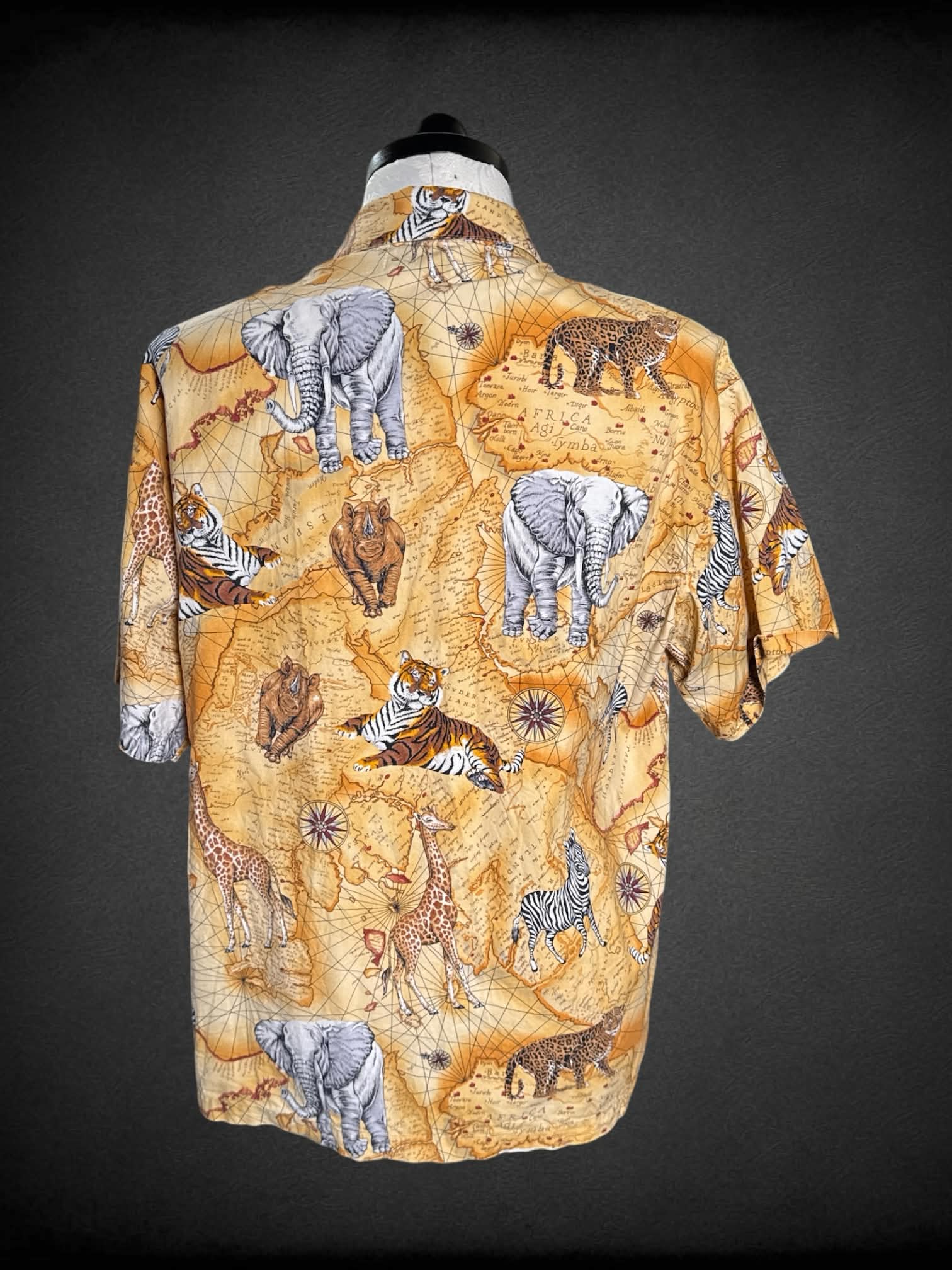 1X The Dude vintage orange button-up shirt with safari animal design, and pockets on front