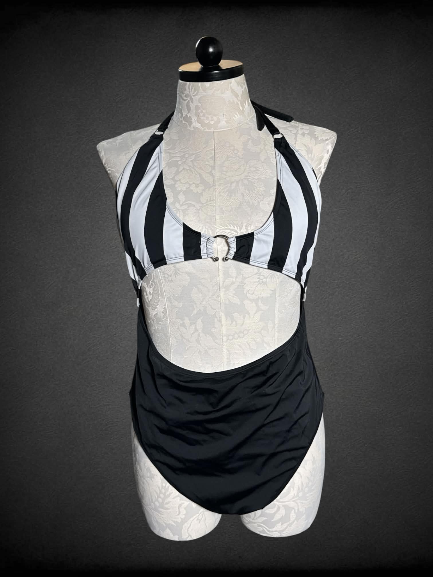 1X KILLSTAR NWT one piece swimsuit with cutout on front, striped design and decorative piercing hoop