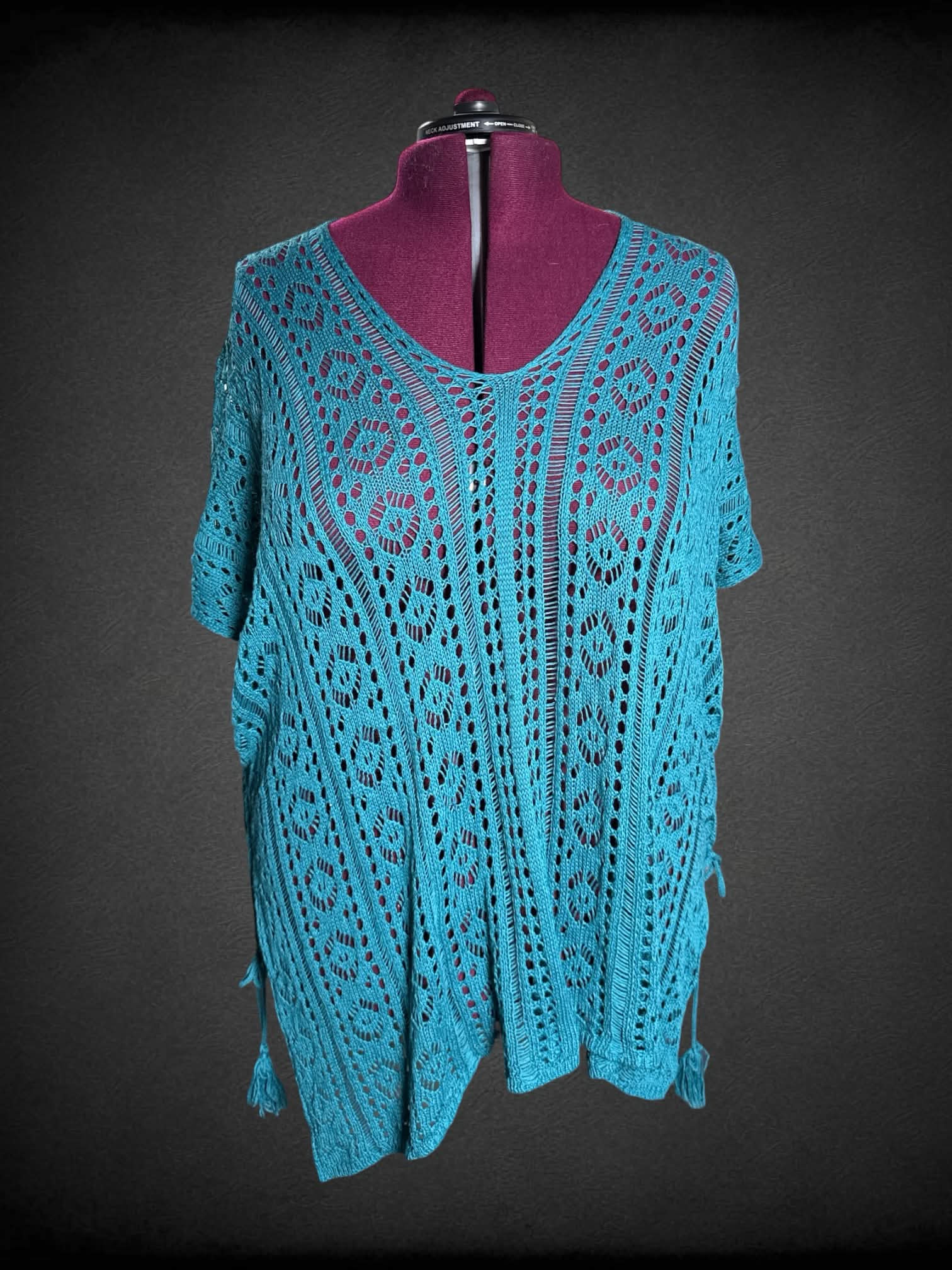 3X teal knit outer layer with tie up sides and tassels