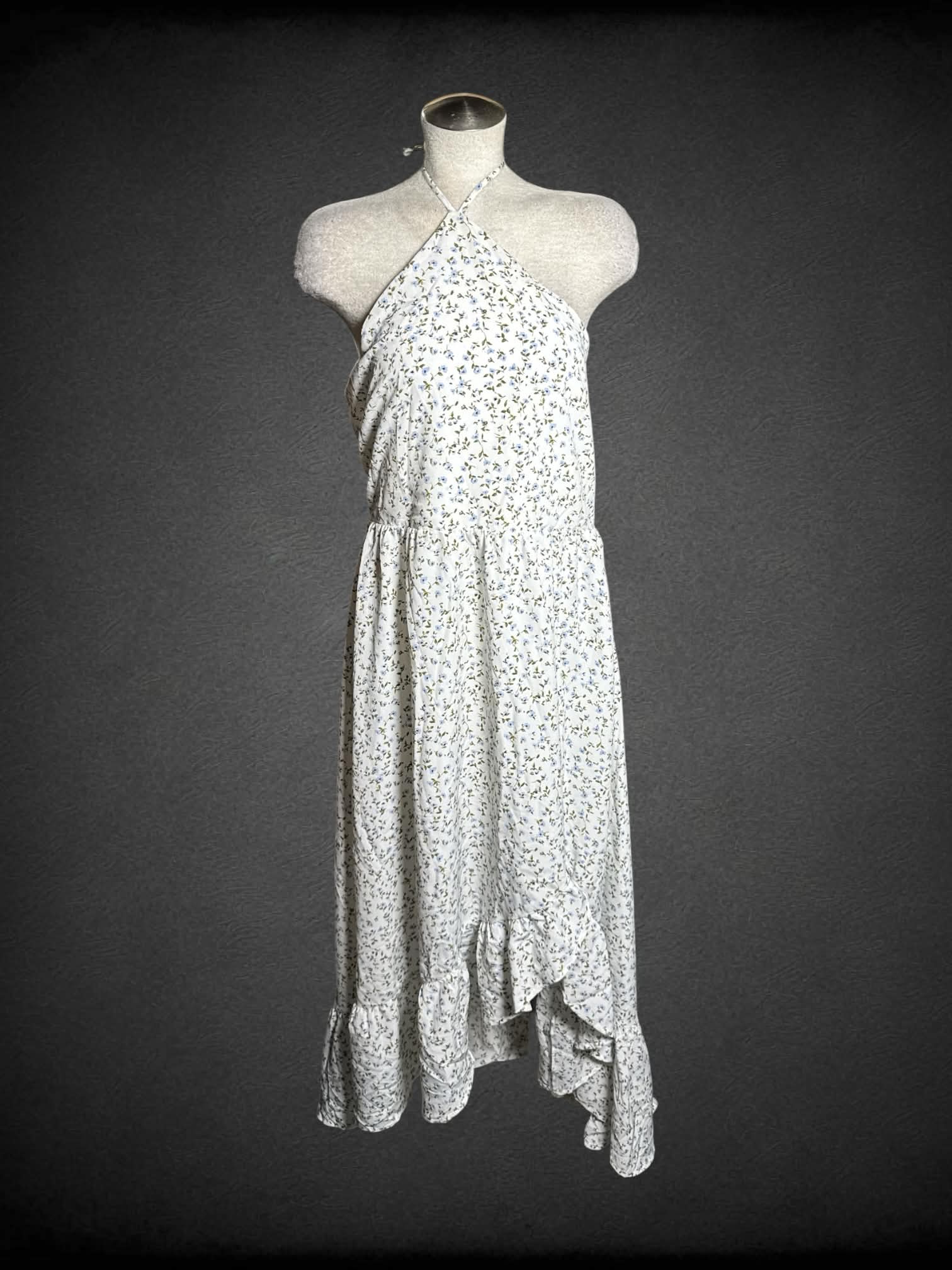 L Blue Rain white high-low dress with halter top, blue floral pattern and zipper on side