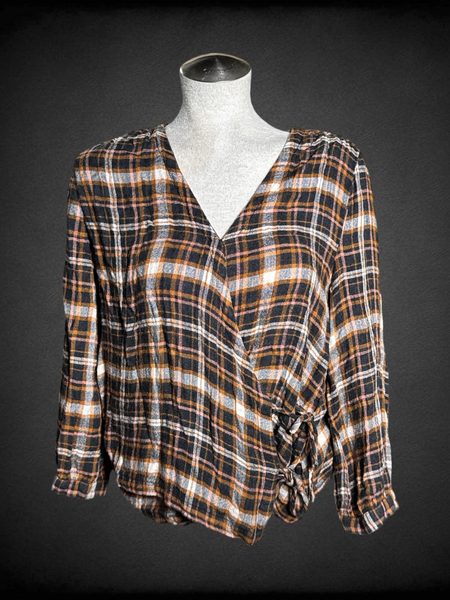L Madewell black & orange plaid asymmetrical top with tie on sides