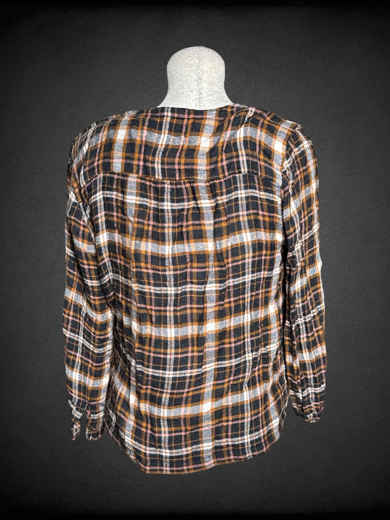 L Madewell black & orange plaid asymmetrical top with tie on sides