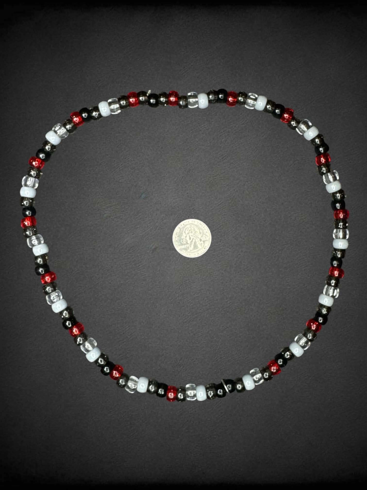 Red, white & black beaded necklace
