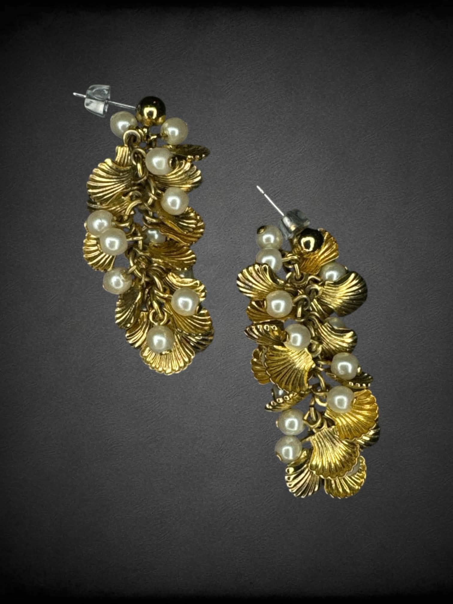 Gold clamshell and pearl charm earrings