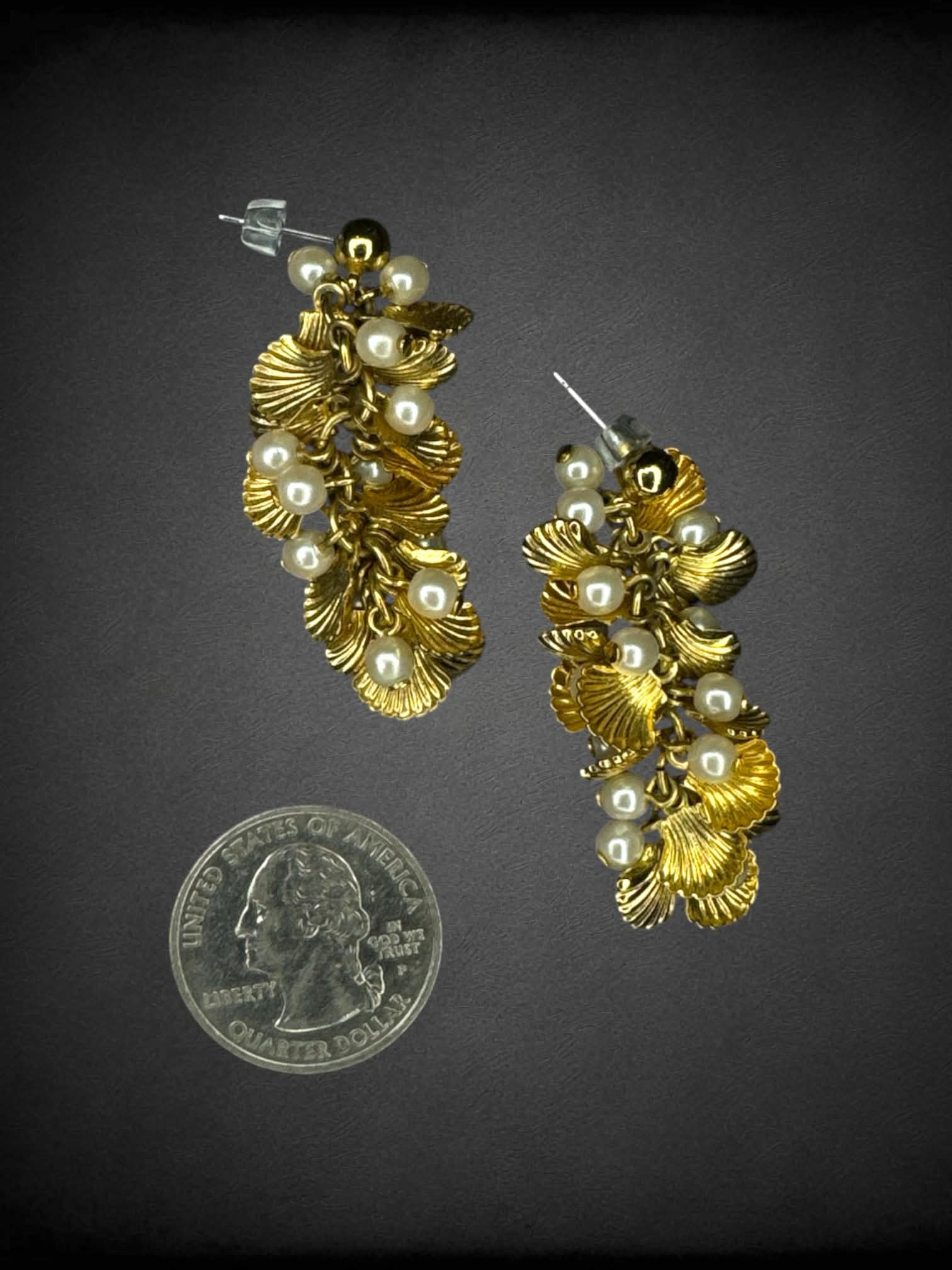 Gold clamshell and pearl charm earrings