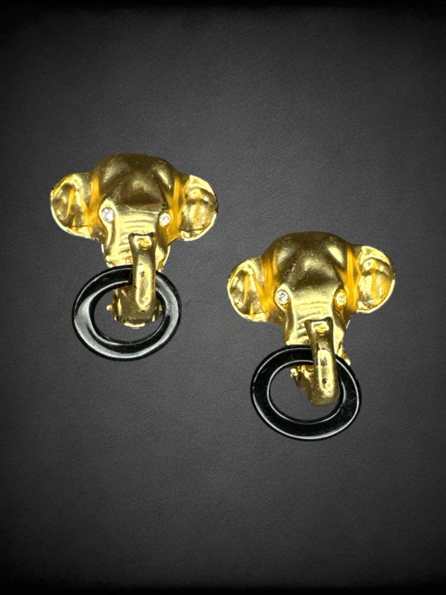 Gold elephant clip on earrings with black hoops