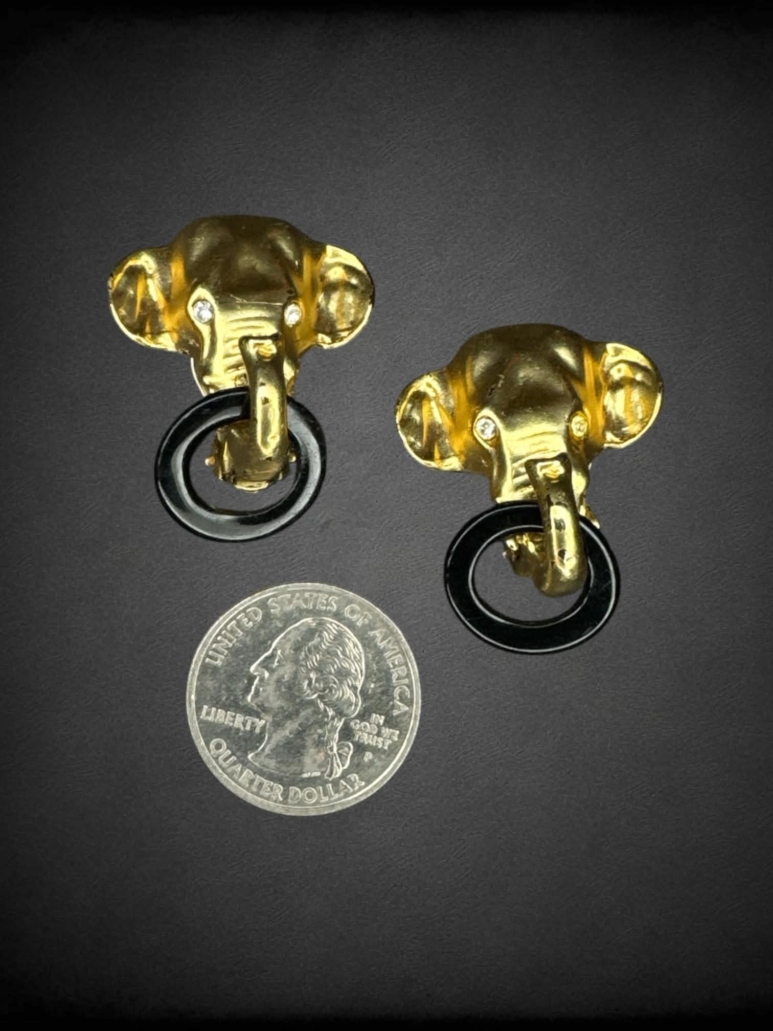 Gold elephant clip on earrings with black hoops
