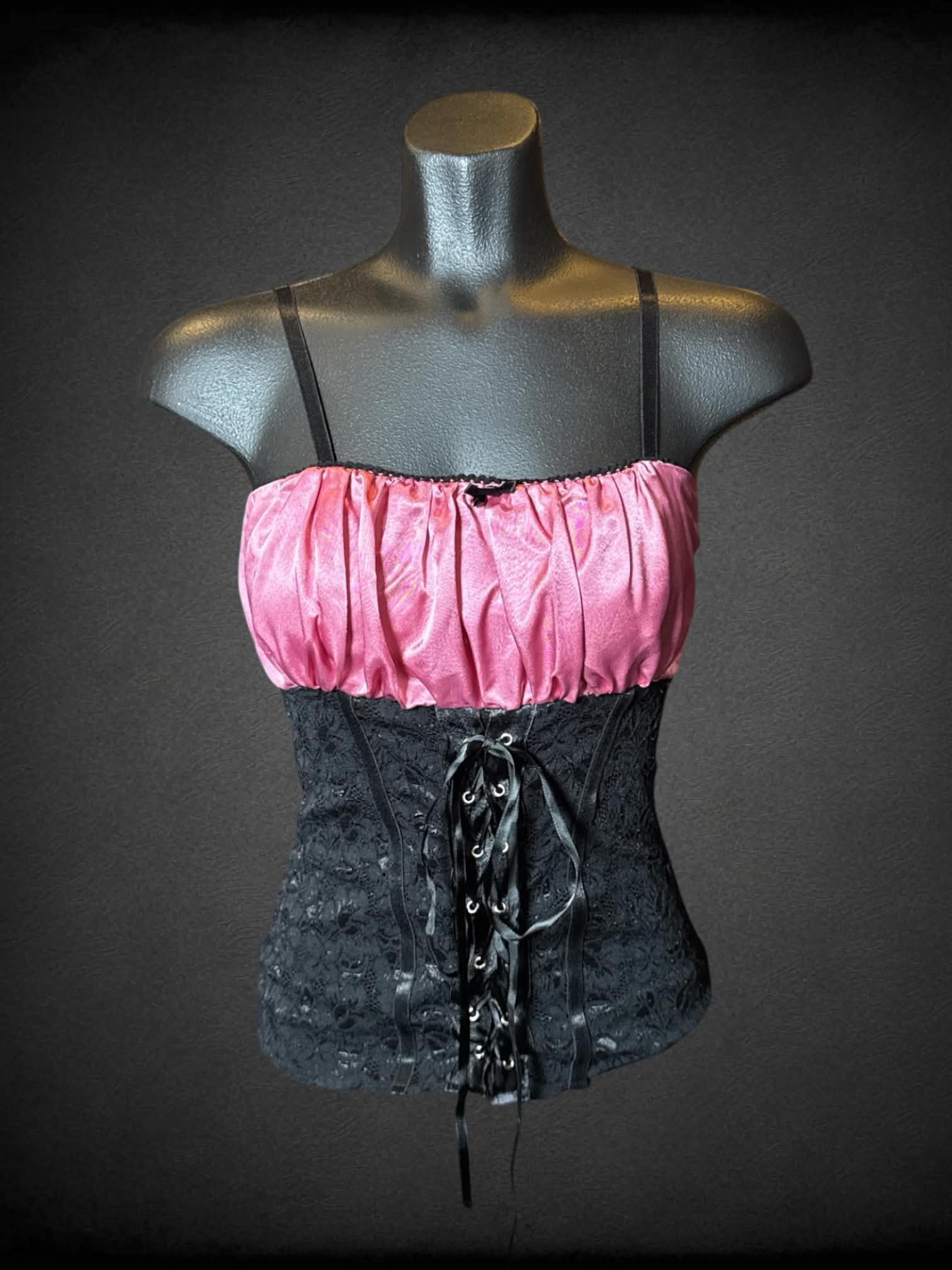 XS Morbid Threads pink & black corset cami with tie up laces on front