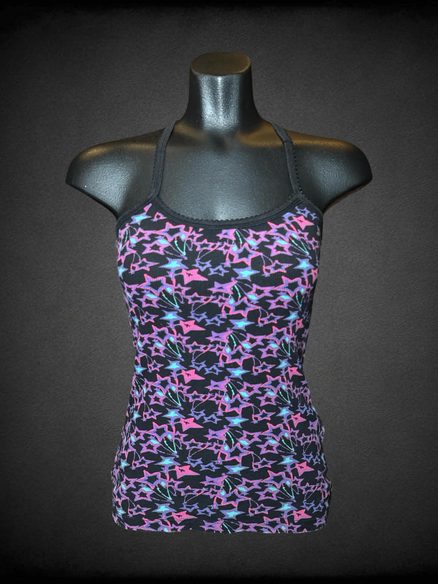 S Lilu black cami with purple, pink & blue star pattern