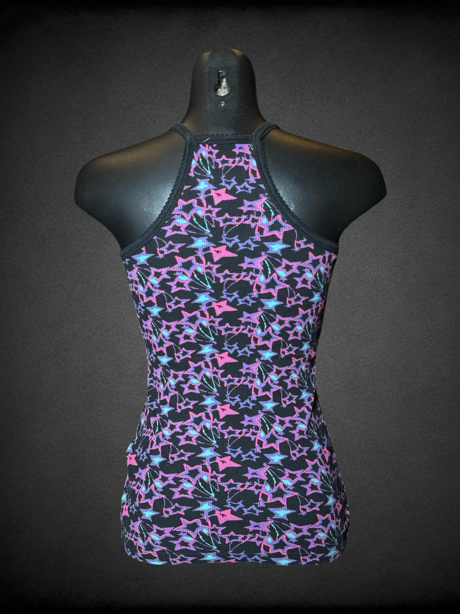 S Lilu black cami with purple, pink & blue star pattern